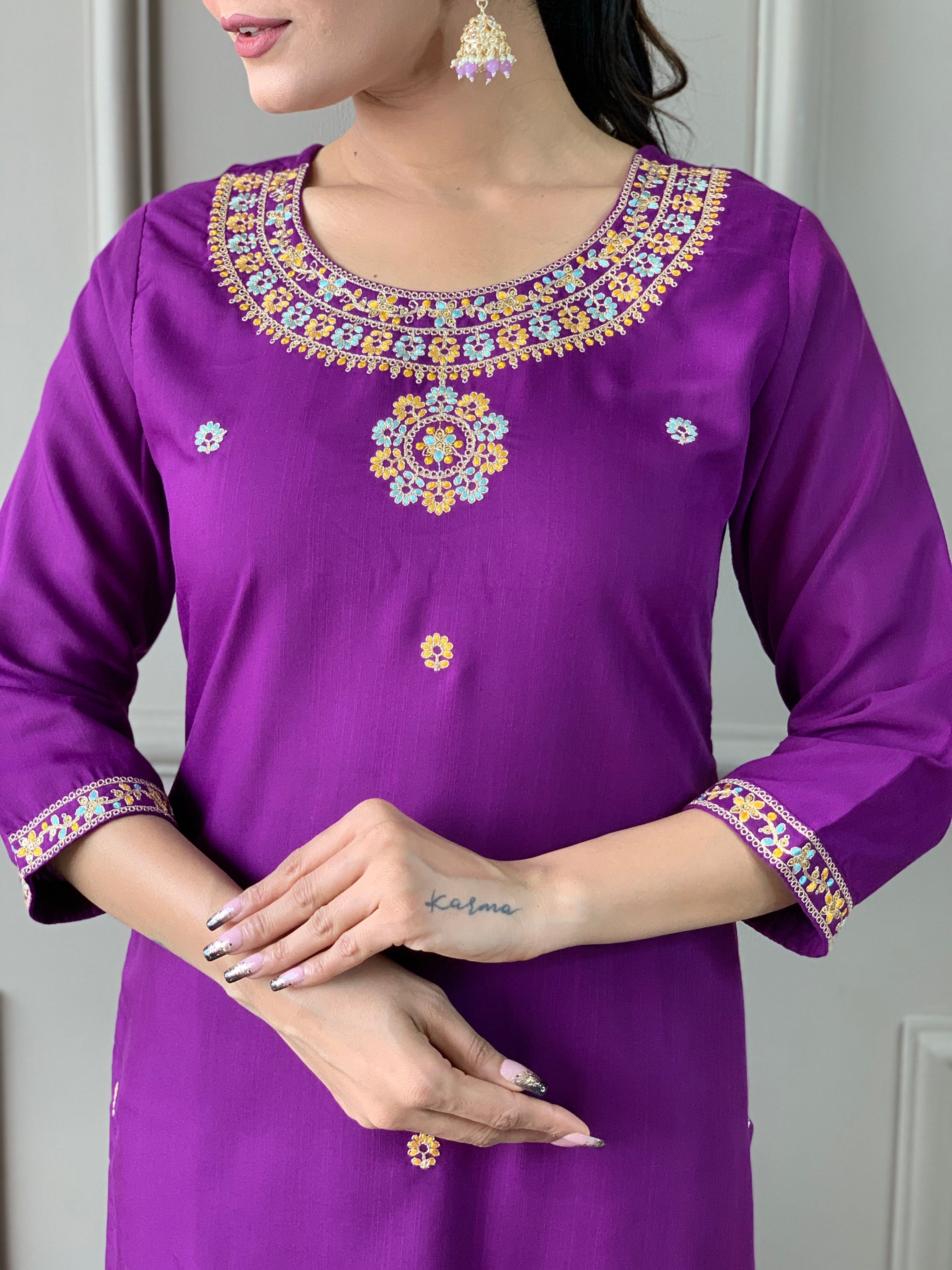 Purple Rayon Slub Elegant Kurta Pant Set With Embroidery Work