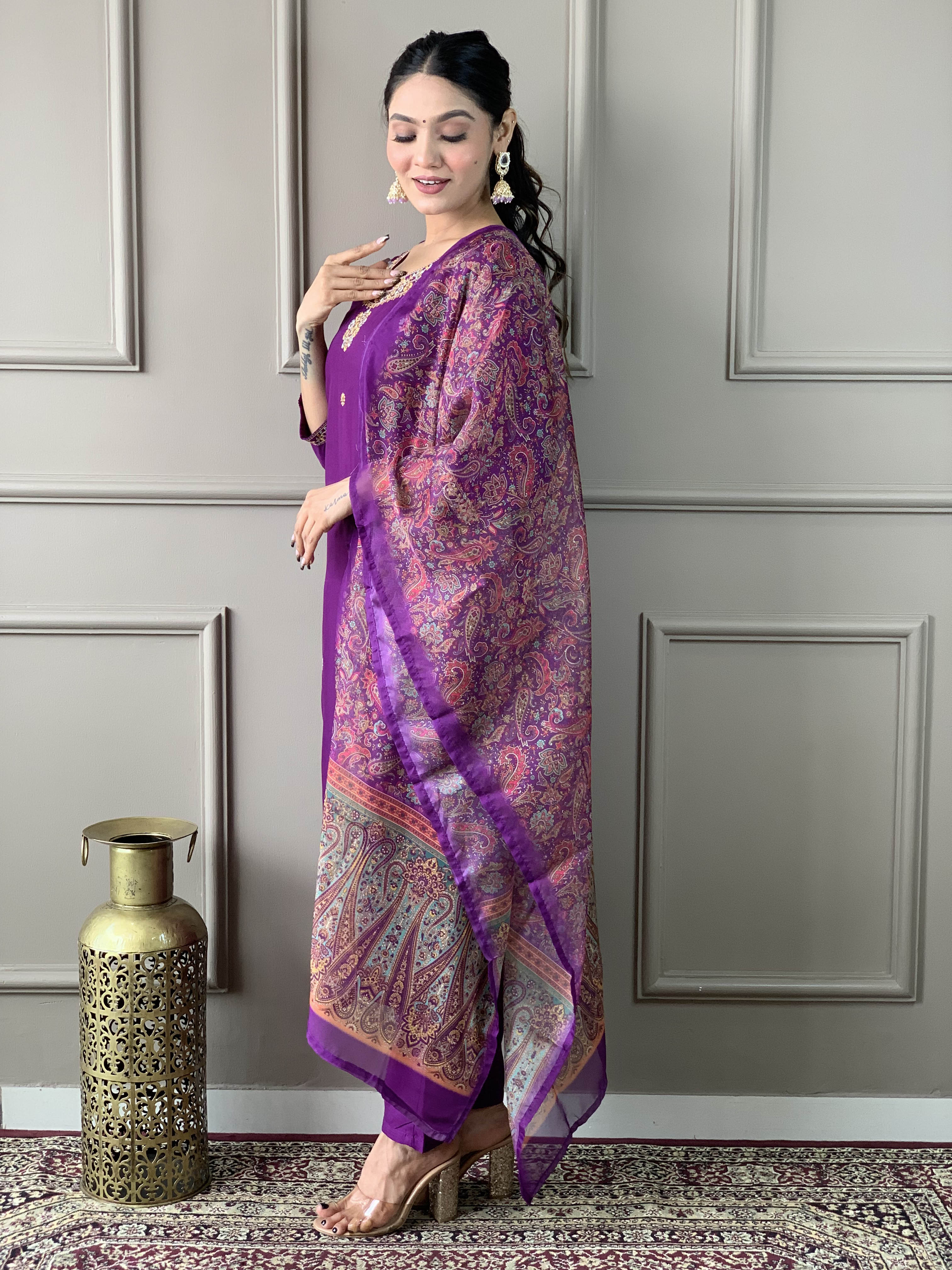Purple Rayon Slub Elegant Kurta Pant Set With Embroidery Work