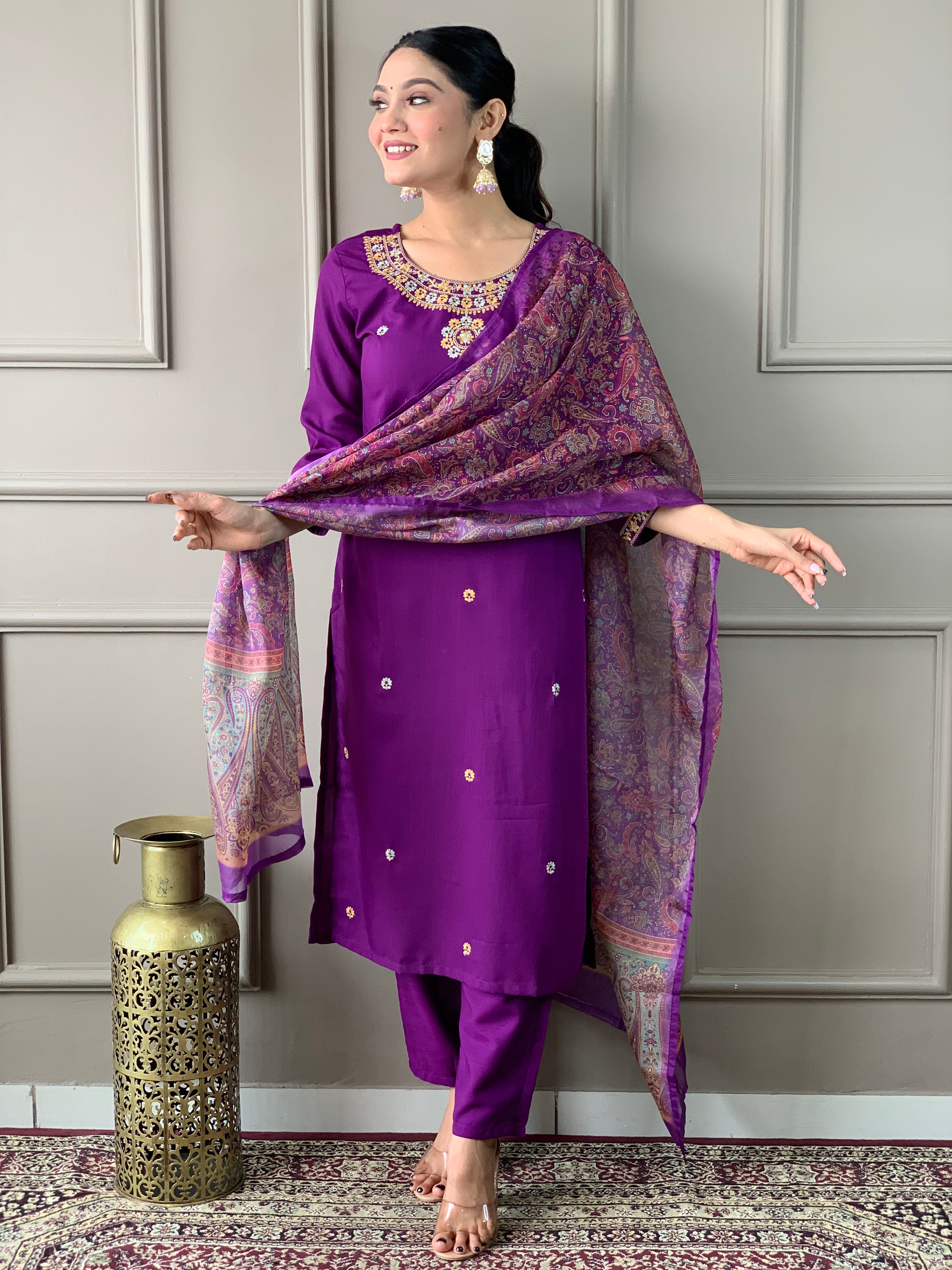 Purple Rayon Slub Kurta Pant with Heavy Thread Embroidery Work With Printed Dupatta