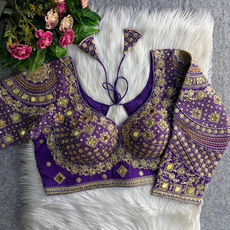 Purple Real Mirror Work Long Sleeve Bridal Blouse in Roman Silk with Embroidery & Sequins
