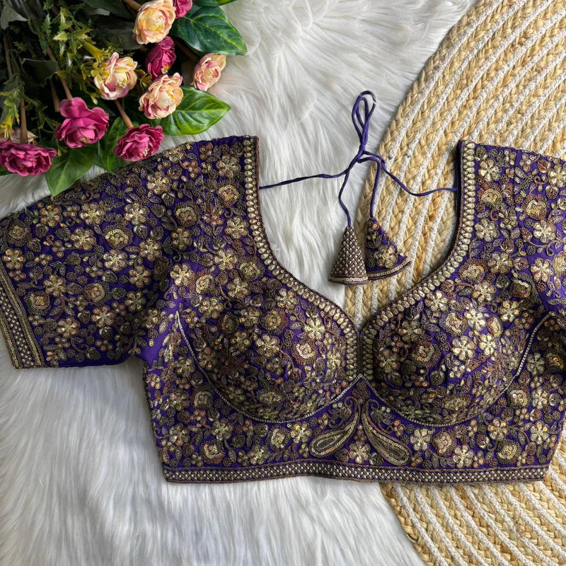 Purple Sabyasachi Inspired Heavy Copper Work Bridal Blouse in Roman Silk with Embroidery & Sequins