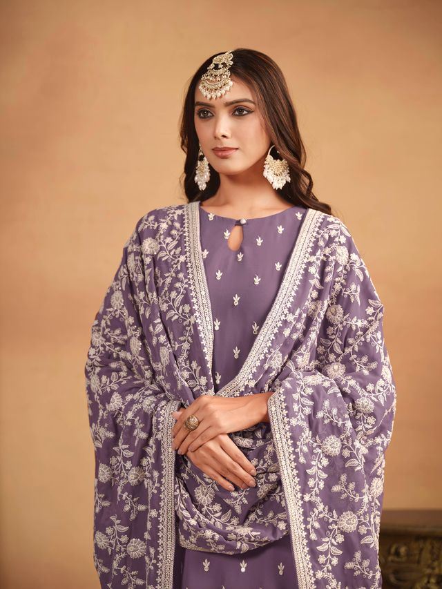 Purple Salwar Kameez With Thread Emboirdered Work
