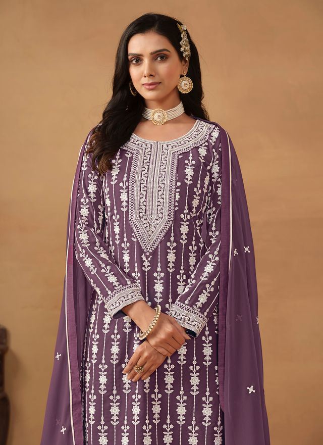 Purple Salwar Kameez With Thread Emboirdered Work