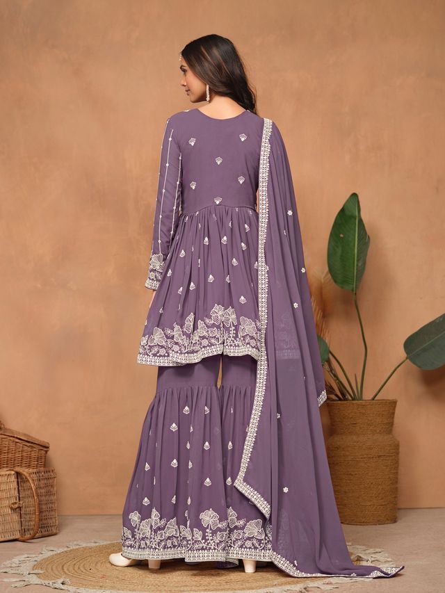 Purple Salwar Kameez With Thread Emboirdered Work