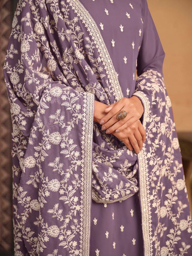 Purple Salwar Kameez With Thread Emboirdered Work
