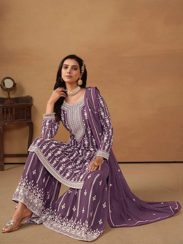 Purple Salwar Kameez With Thread Emboirdered Work