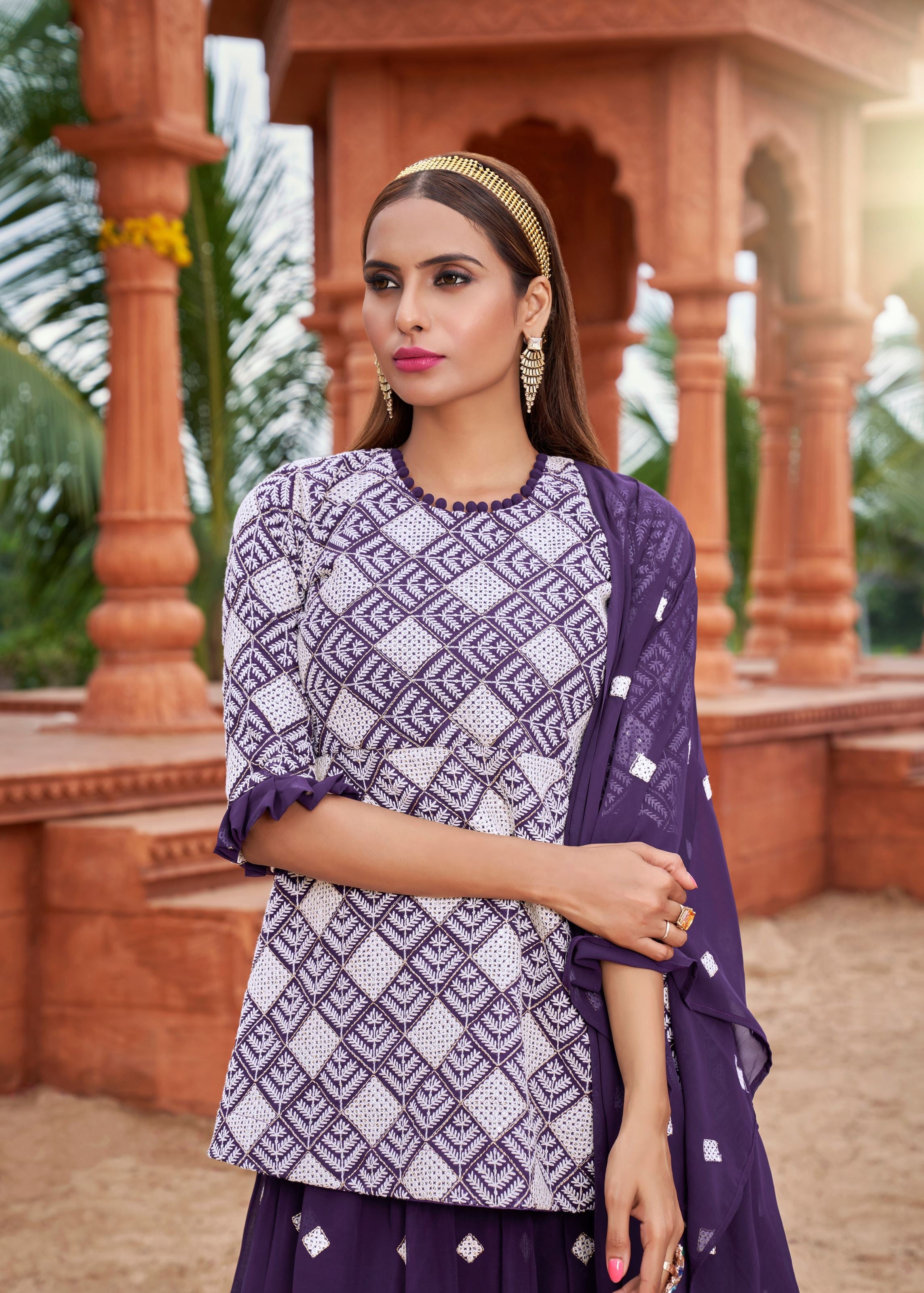Purple Sarara Suite With Heavy Fox Georgette And Cotton Embroidery Work