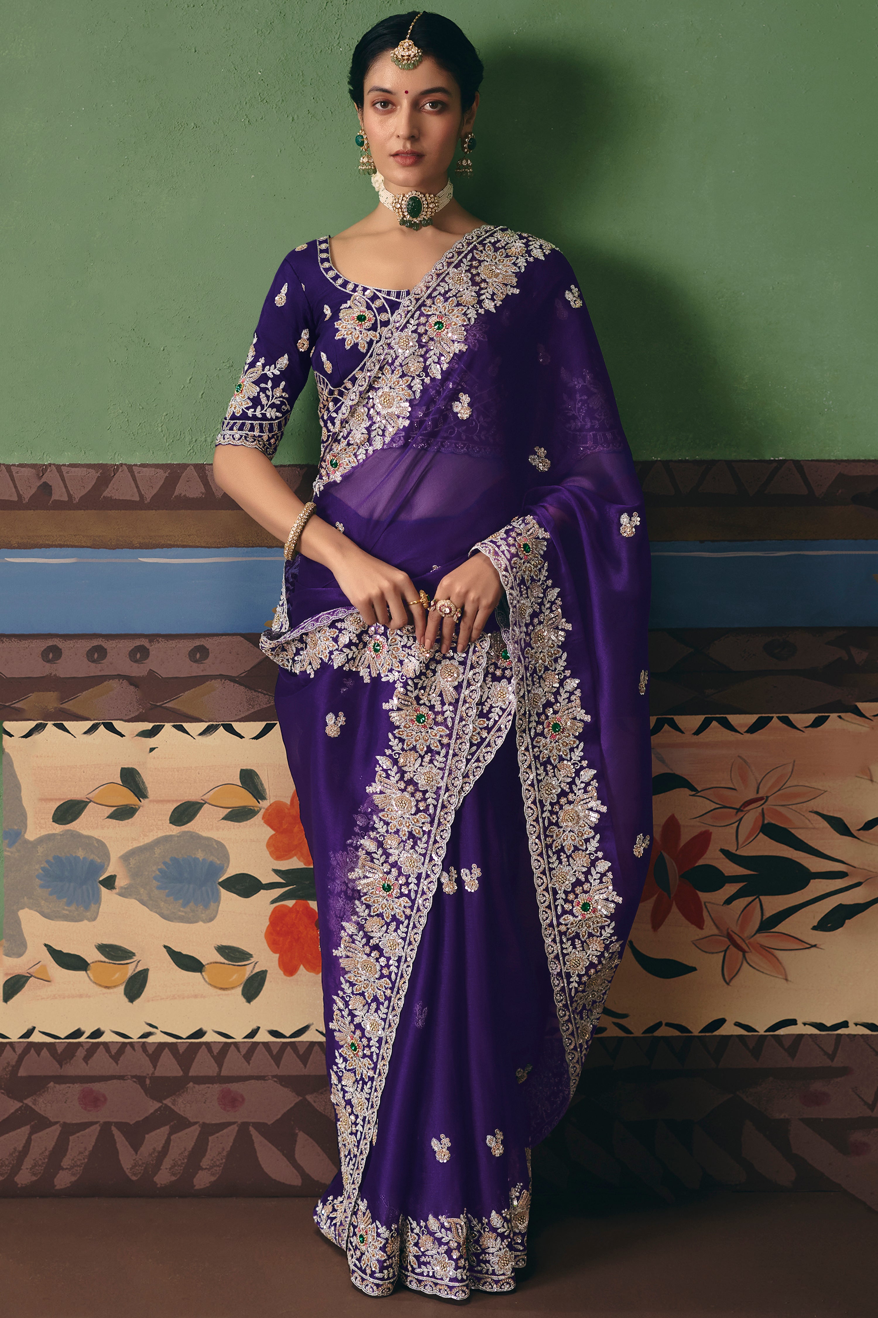 Purple Saree With Heavy Designer Embroidery, Sequince, Stone, Pearl With Beads Work
