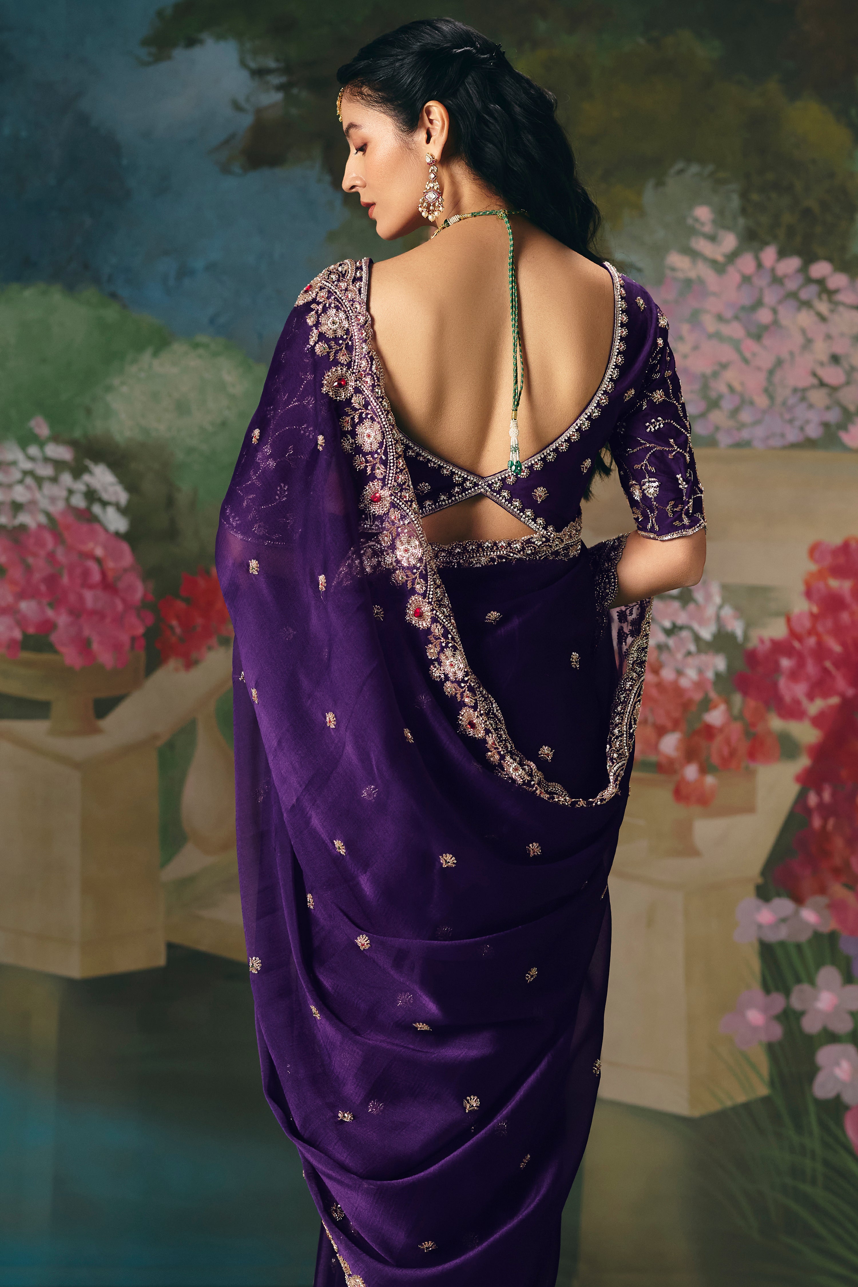 Purple Saree With Heavy Designer Embroidery, Sequince, Stone, With Beads Work