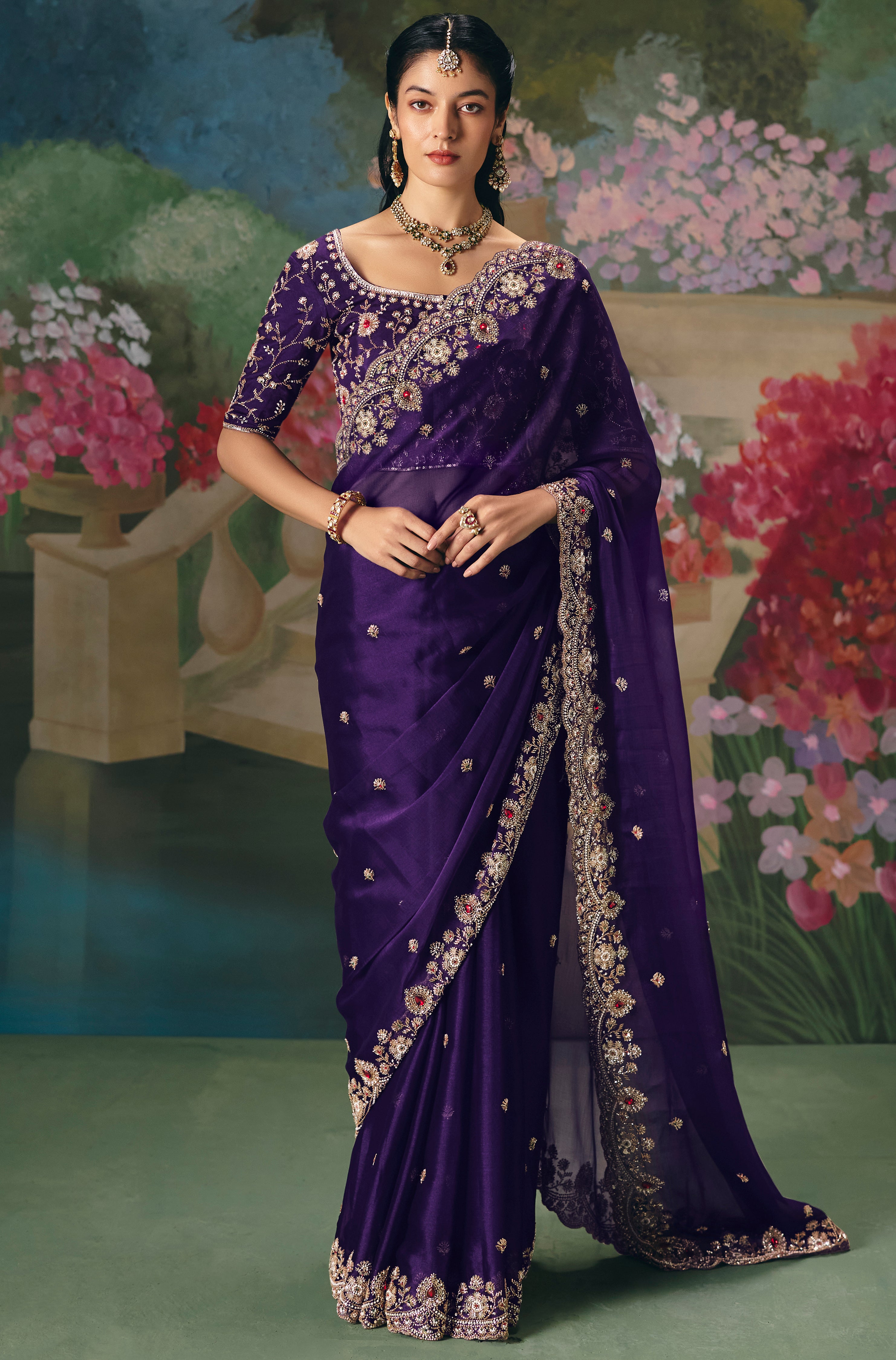 Purple Saree With Heavy Designer Embroidery, Sequince, Stone, With Beads Work