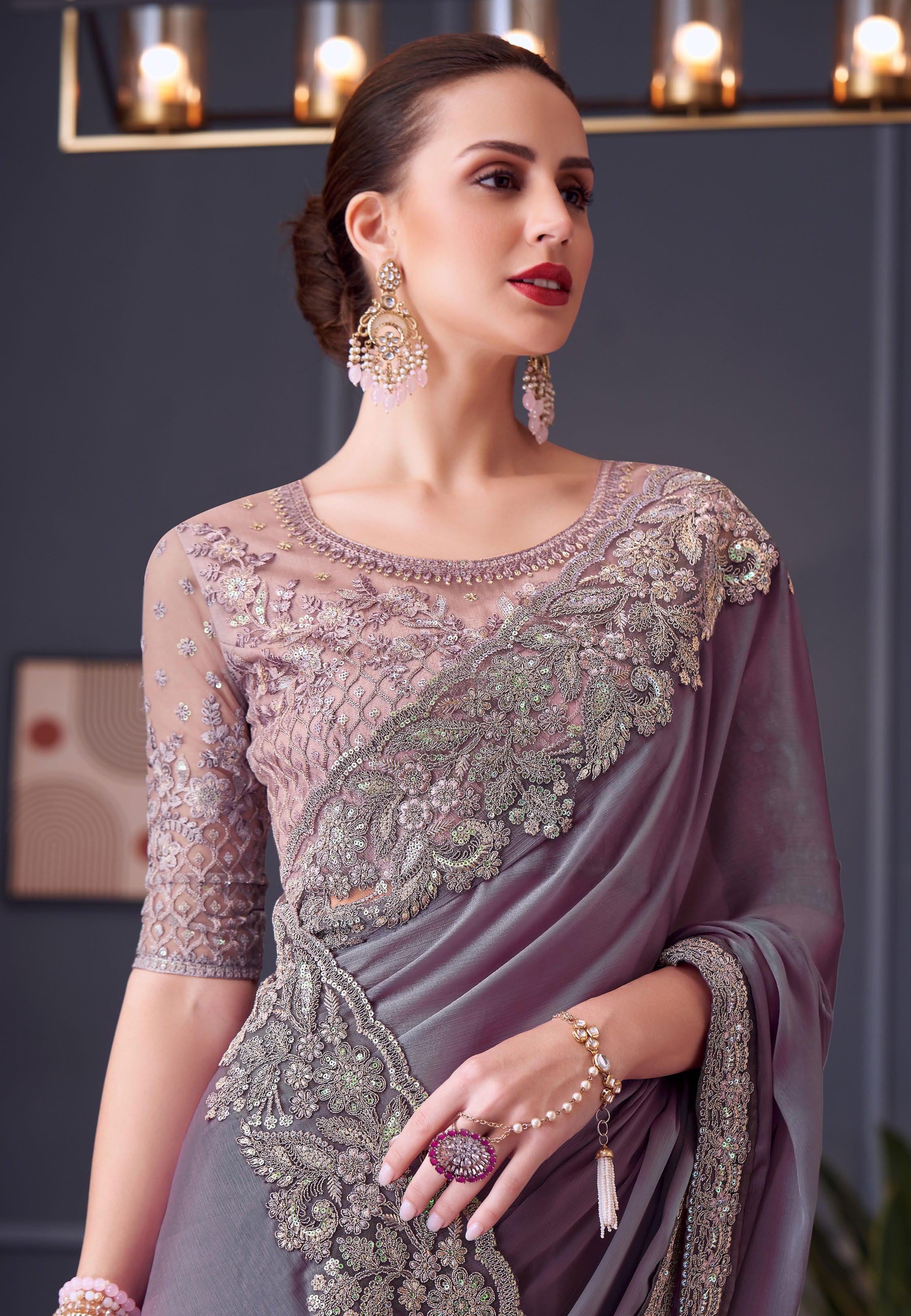 Purple Saree With Heavy Thread Embroidery Sequins Work