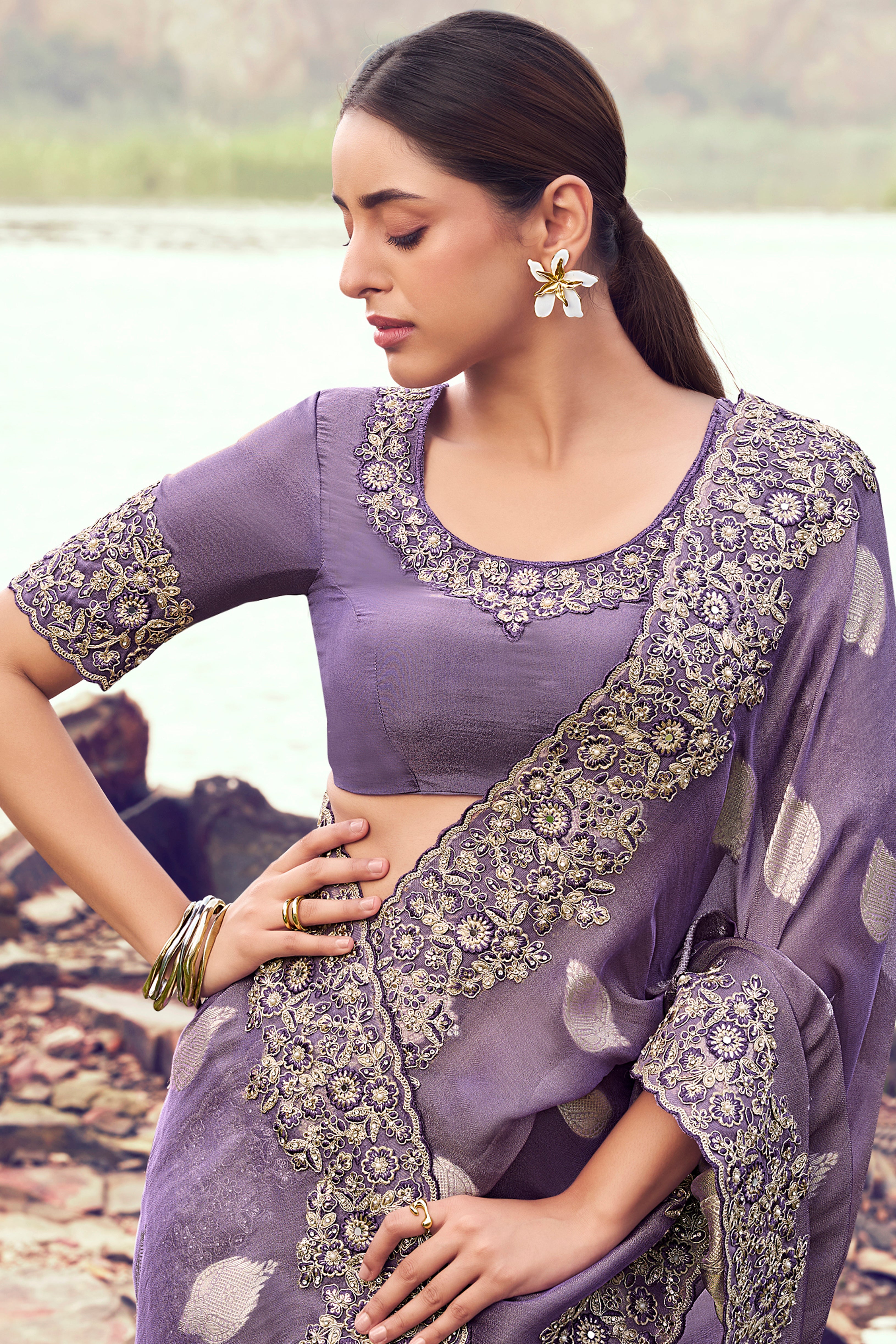 Purple Saree With Jacquard Woven With Embroidered Border & Blouse