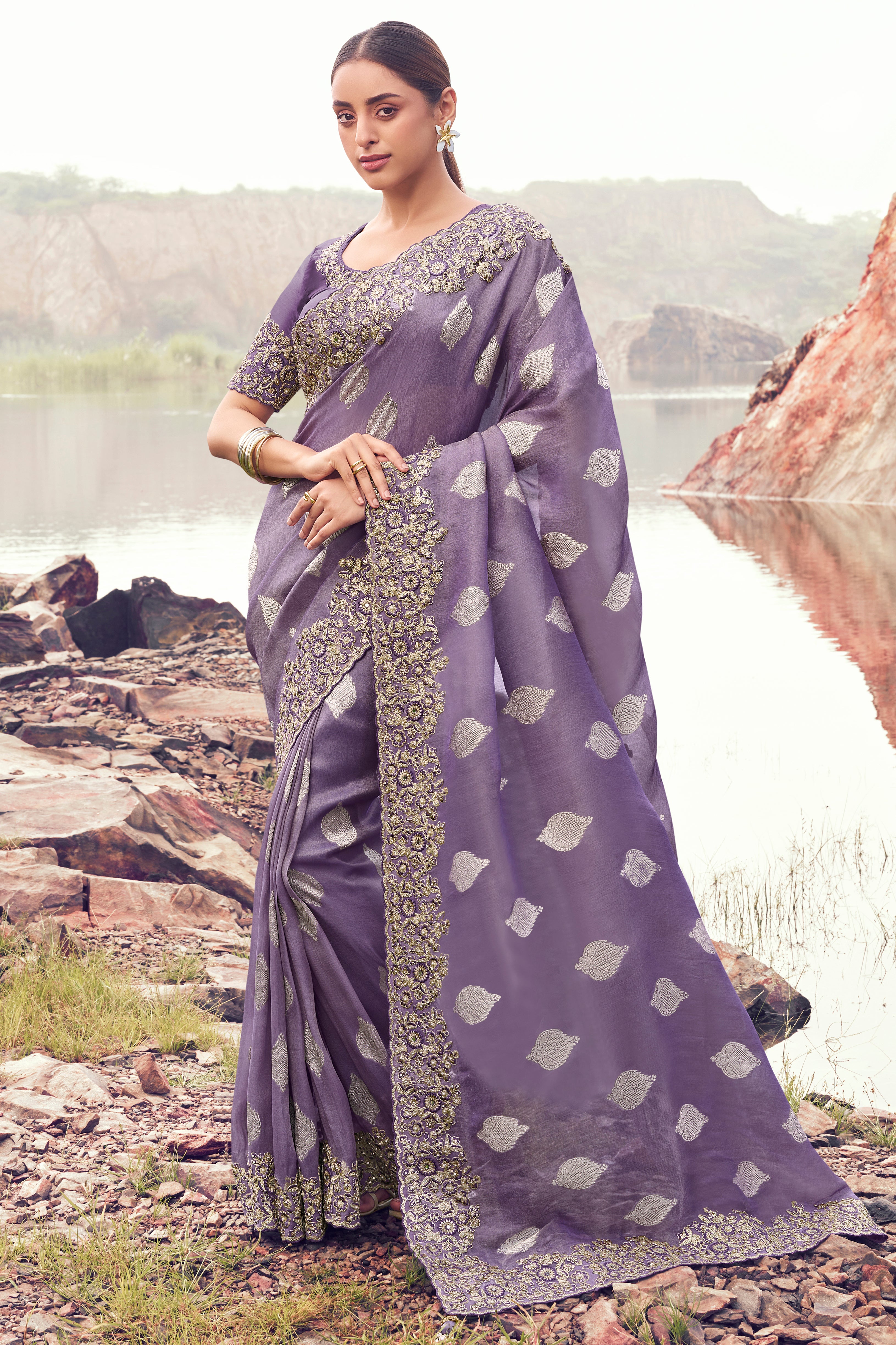 Purple Saree With Jacquard Woven With Embroidered Border & Blouse