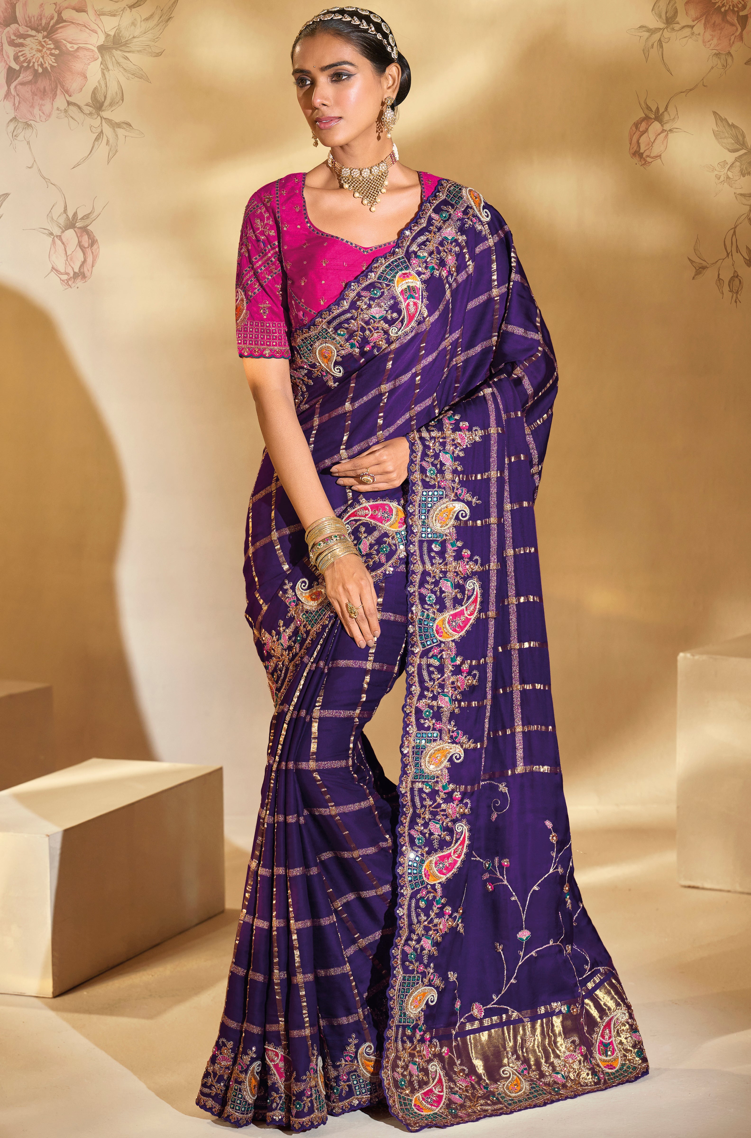 Purple Saree With Jari, Thread, Moti, Cut-Dana With Mirror Heavy Work