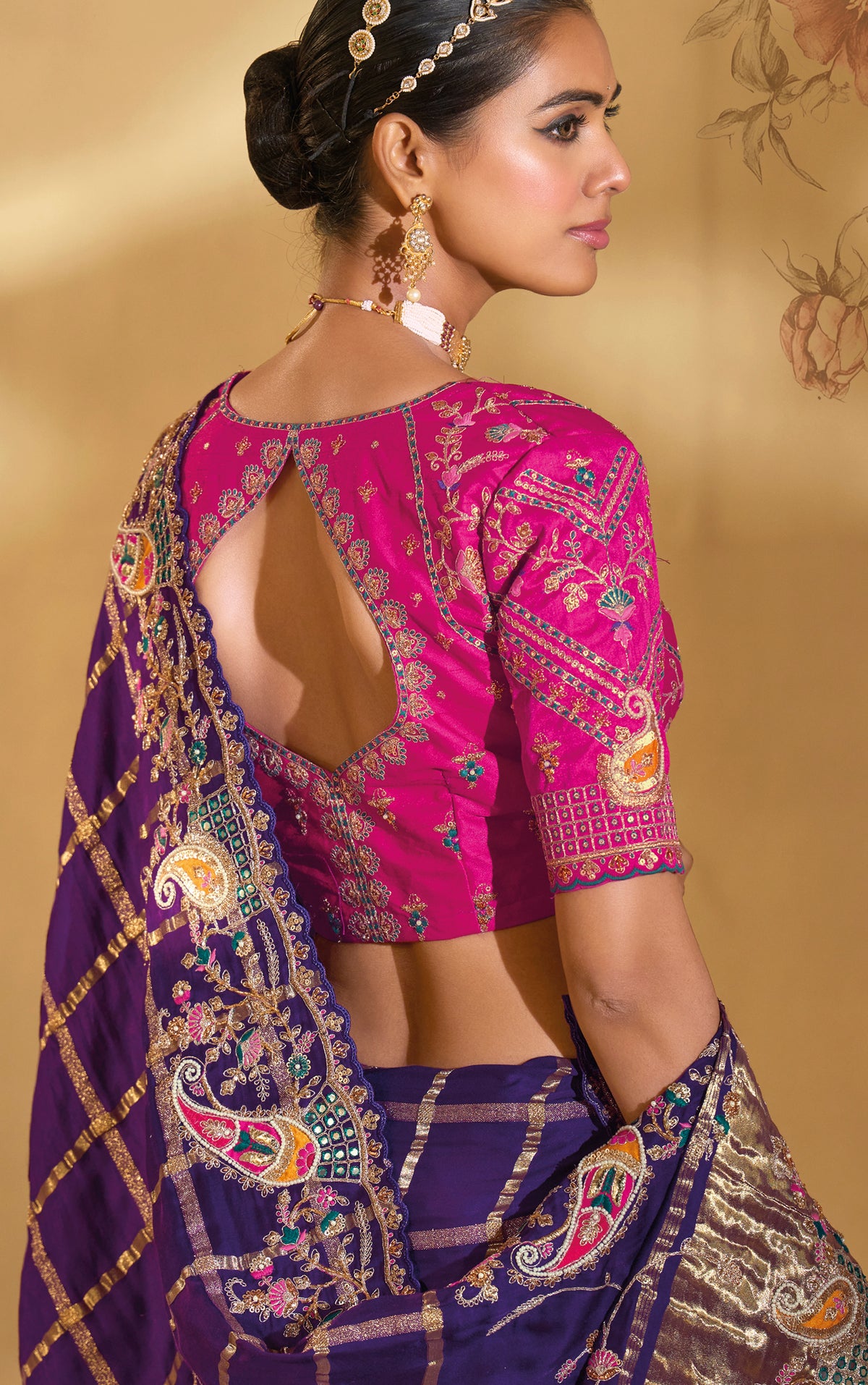Purple Saree With Jari, Thread, Moti, Cut-Dana With Mirror Heavy Work