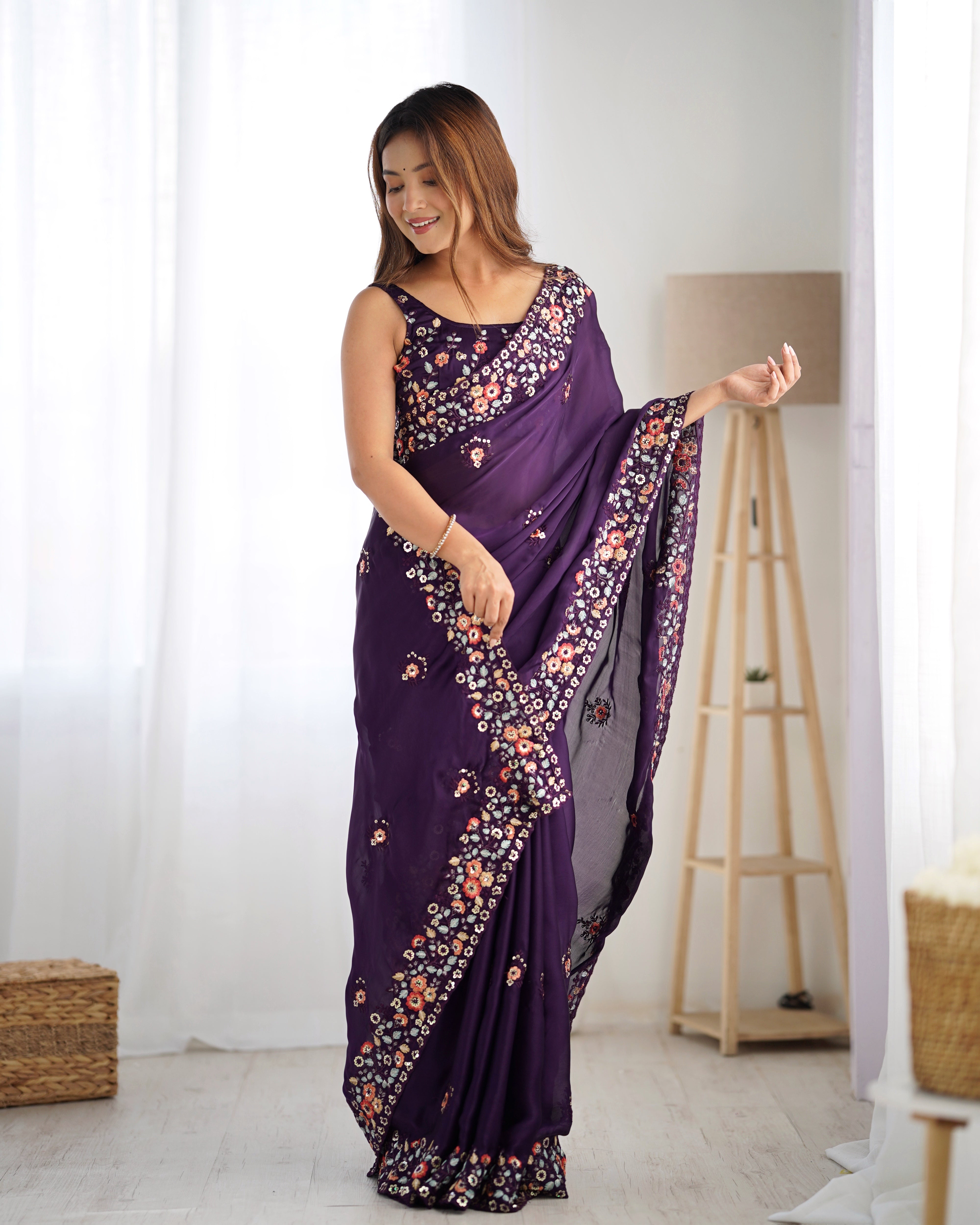 Purple Satin Chiffon Fabric Designer Thread And Sequins Work Partywear Saree