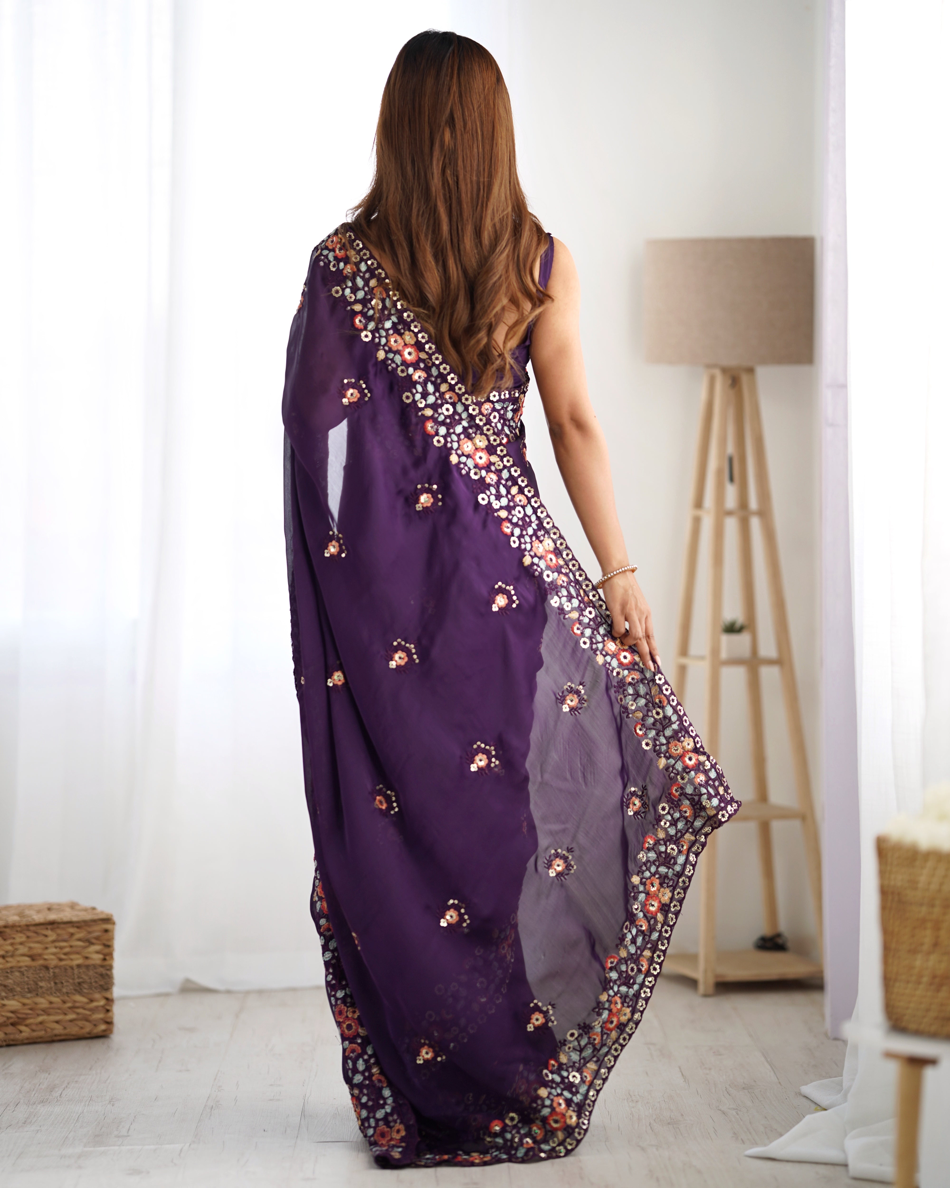 Purple Satin Chiffon Fabric Designer Thread And Sequins Work Partywear Saree