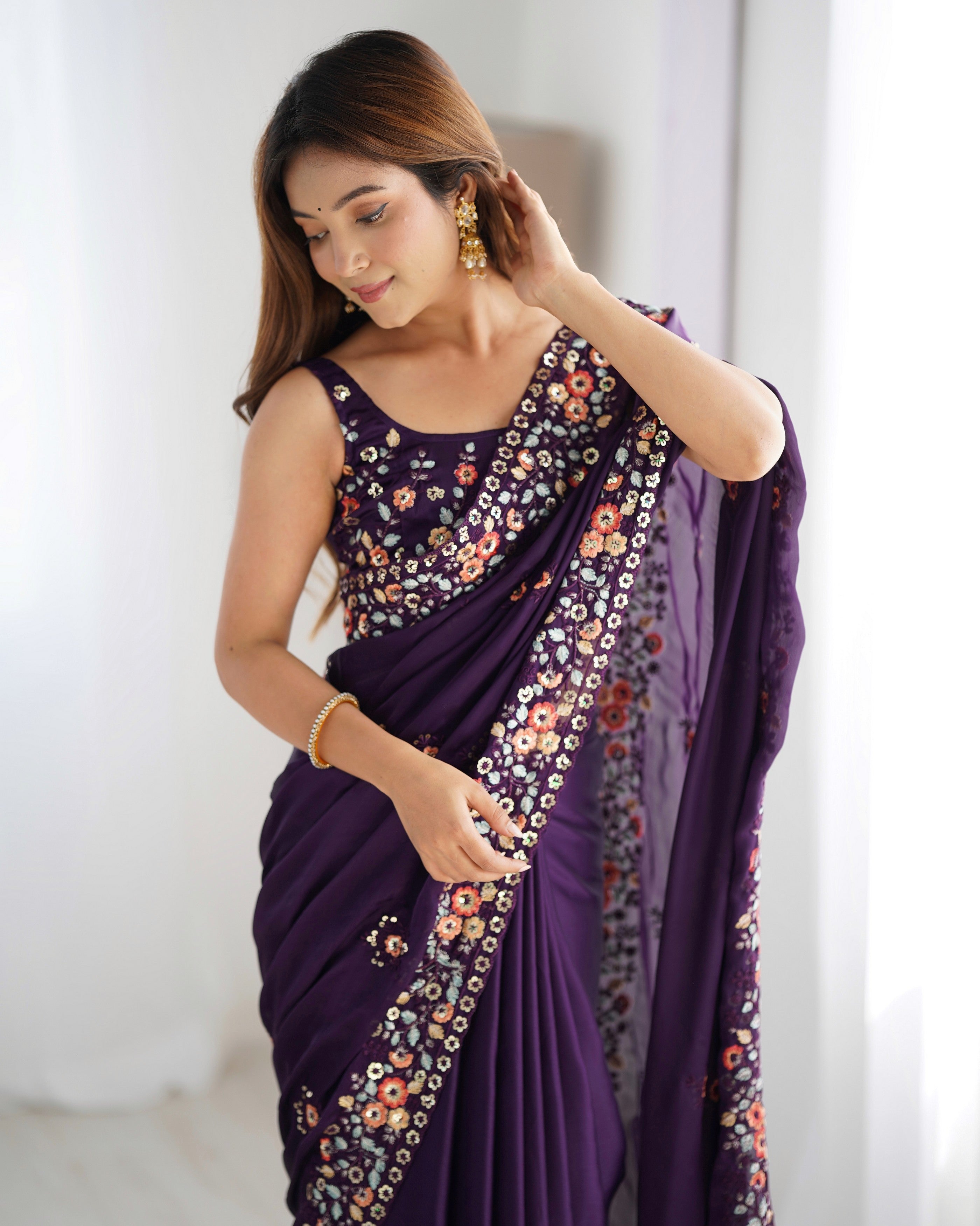 Purple Satin Chiffon Heavy Bollywood Style Ceremonial Saree