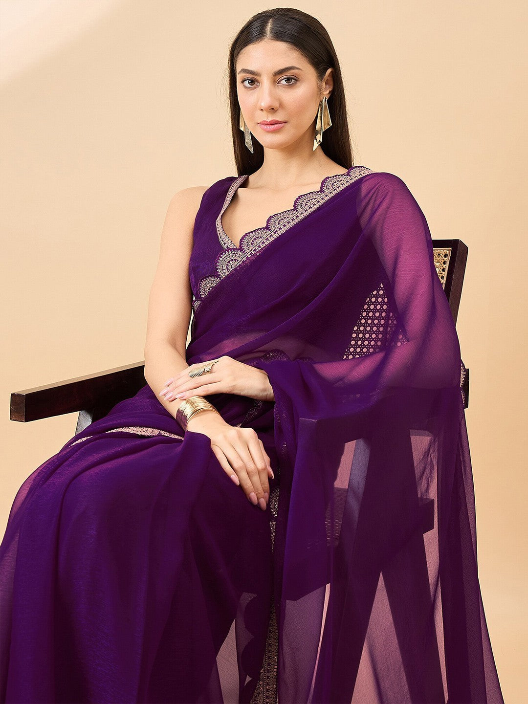 Purple Satin Chiffon Saree With Plain Saree With Embroidery Cut Work Lace