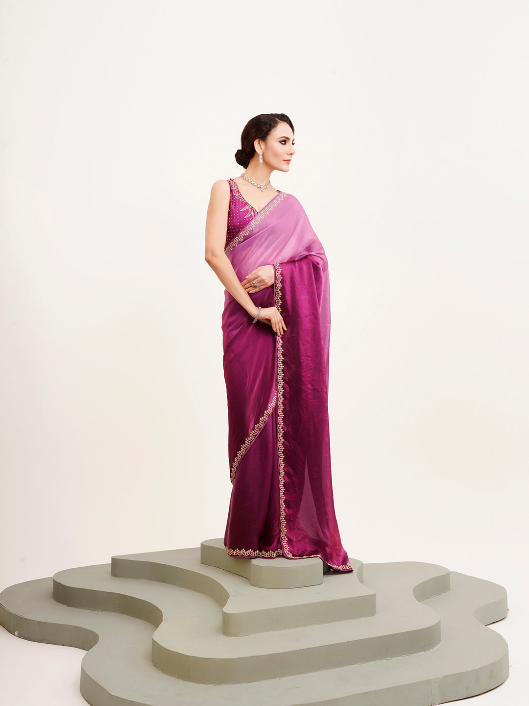 Purple Satin Embellished Beads And Stones Work Fancy Saree