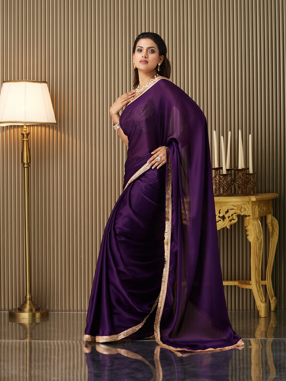 Purple Satin Fancy Designer Bollywood Party Saree