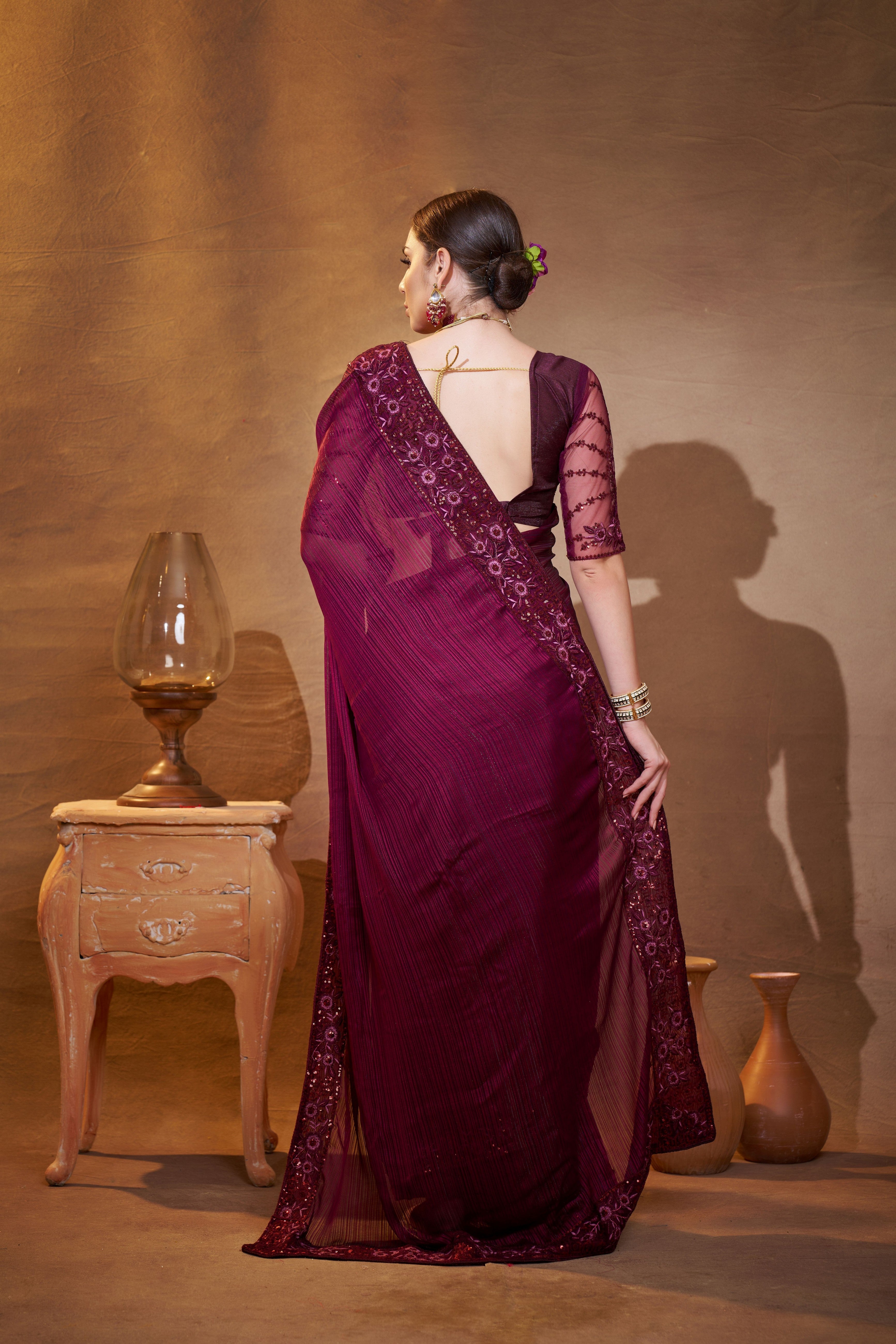Purple Satin Jacquard Designer Partywear Saree For Rich Indian Looks