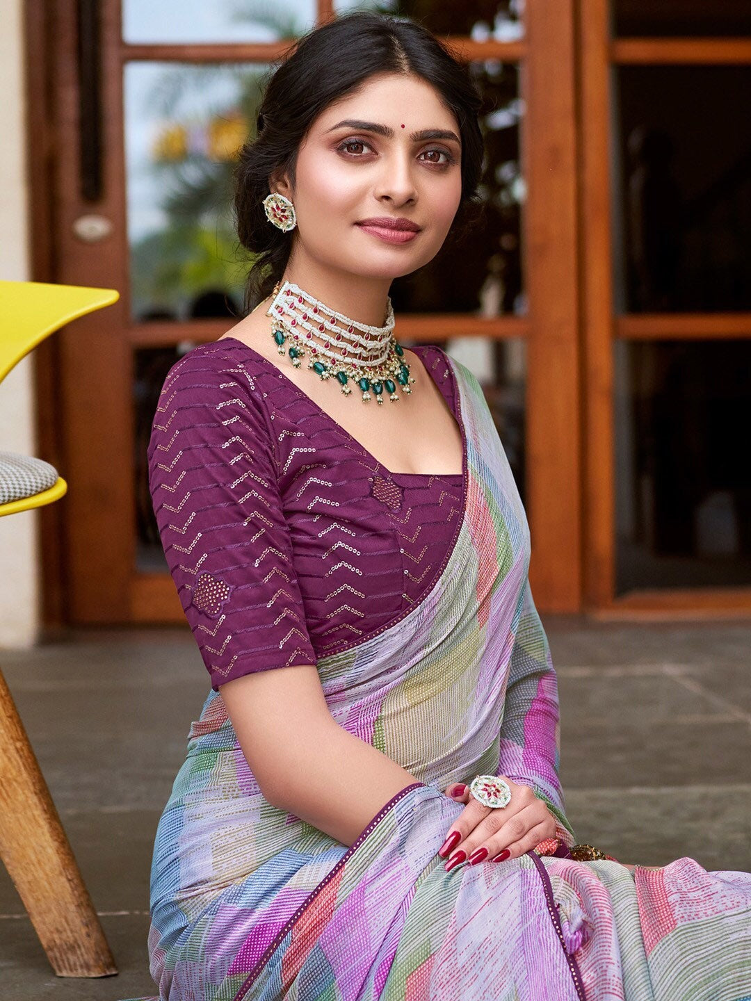 Purple Satin Patti Saree With Printed Saree With Embroidery Work Blouse