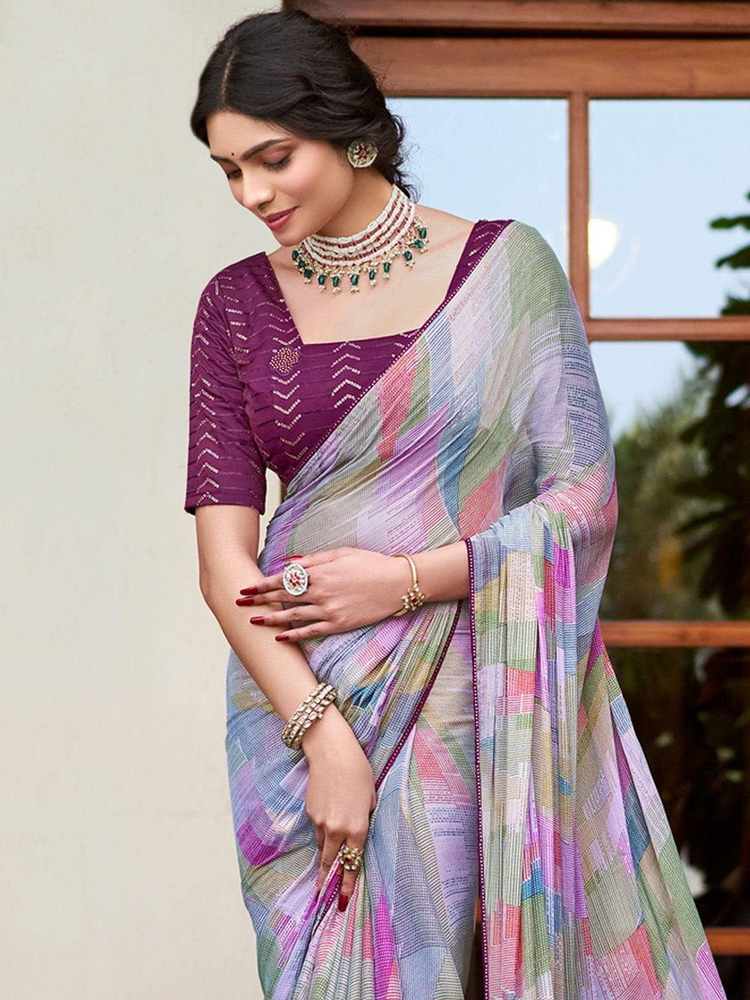 Purple Satin Patti Saree With Printed Saree With Embroidery Work Blouse