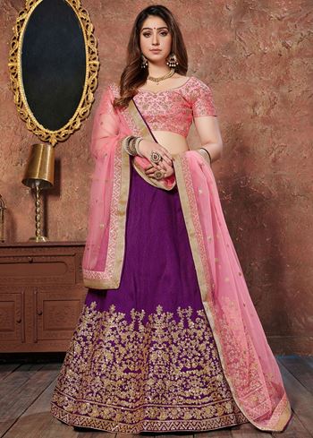 Purple Sequins Silk Wedding Lehenga With Pastel Pink Choli and Dupatta