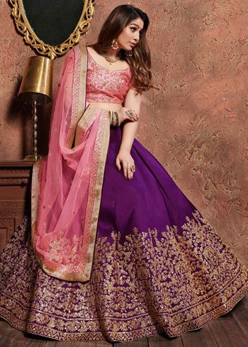 Purple Sequins Silk Wedding Lehenga With Pastel Pink Choli and Dupatta