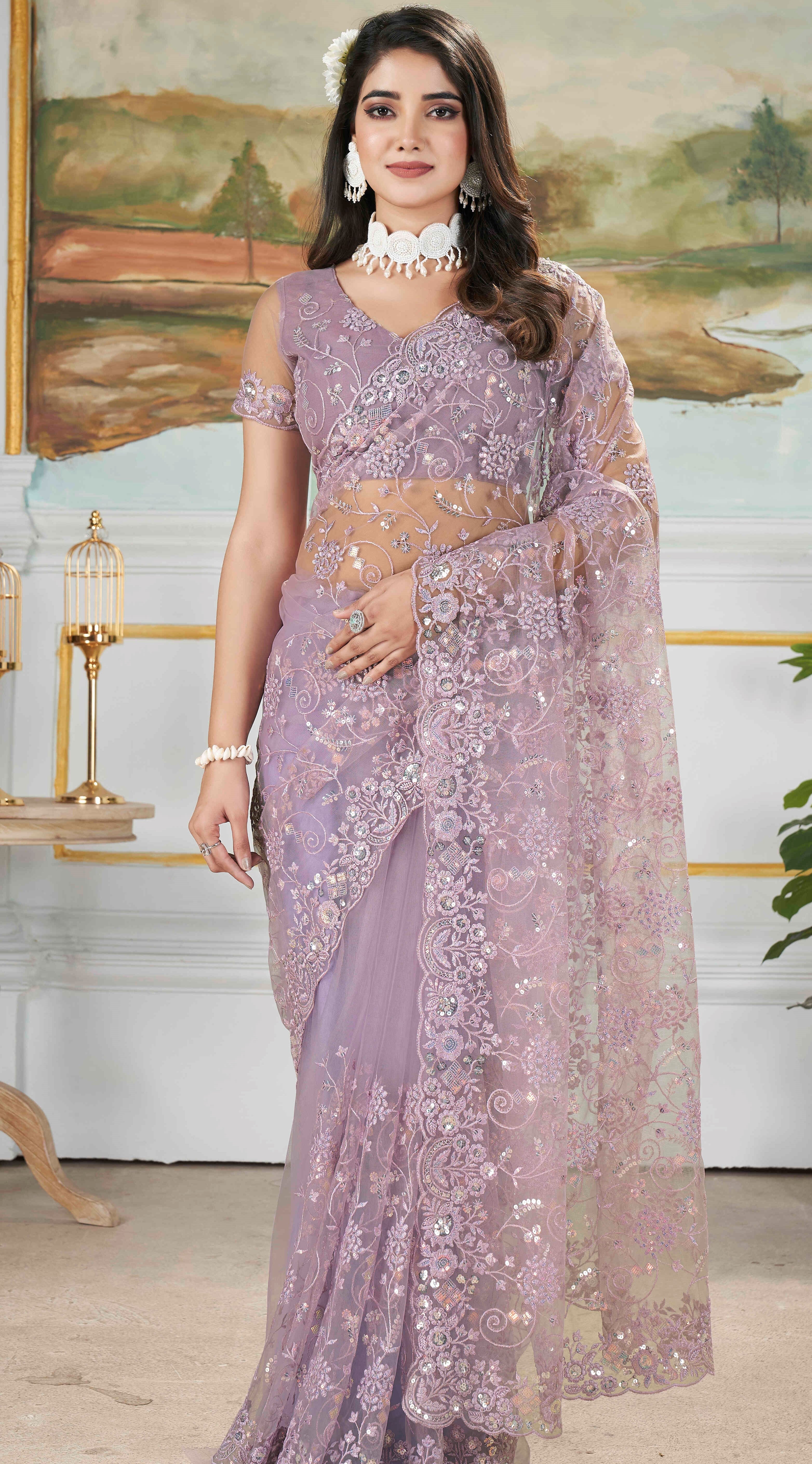 Purple Sequins With Thread Embroidery Work Butterfly Net Partywear Saree
