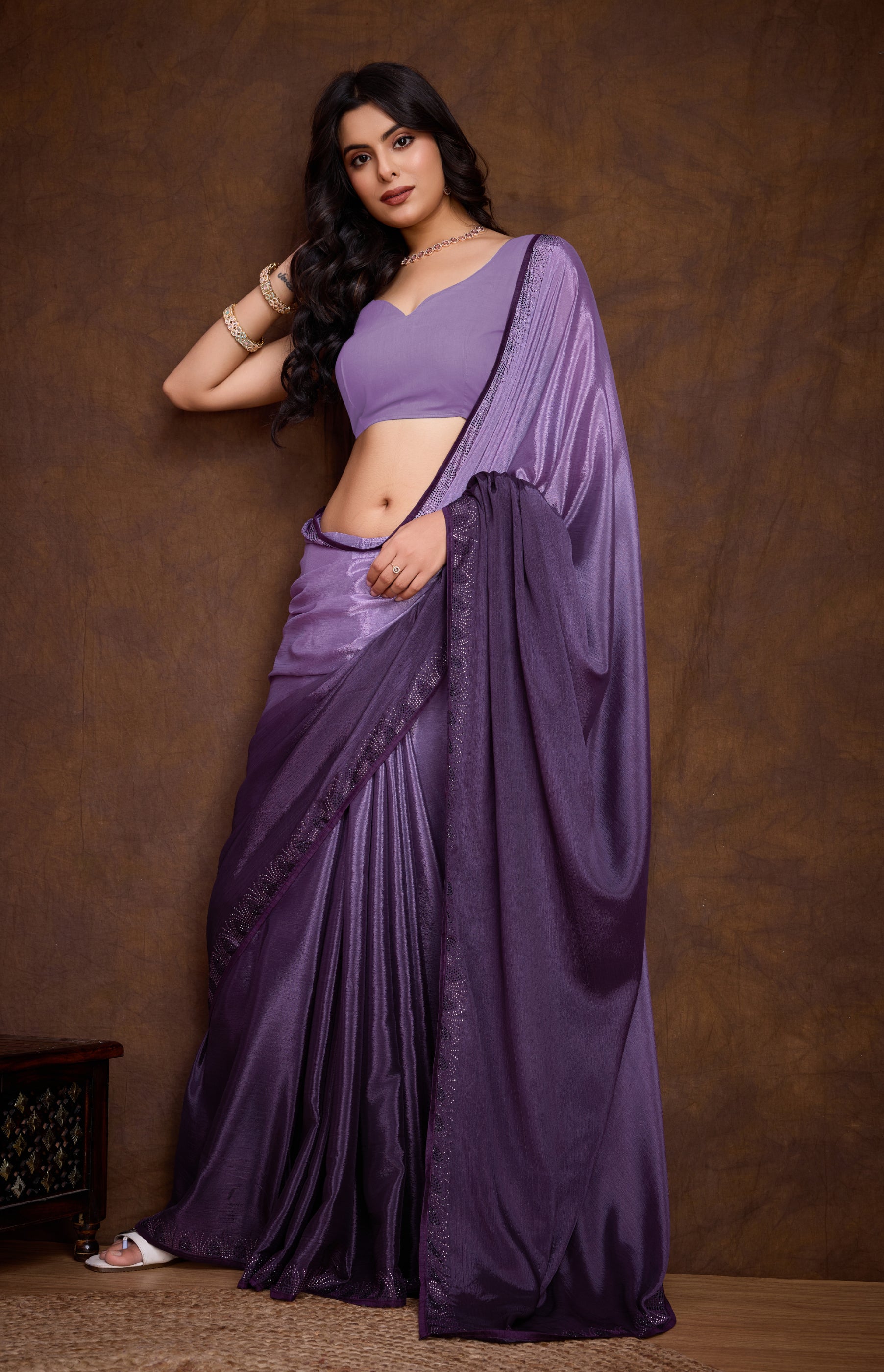 Purple Shaded Chinon Saree with Swarovski Piping Border Work