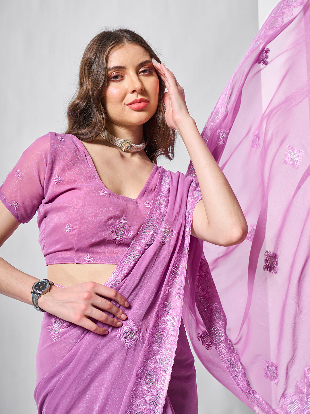 Purple Shimmer Chiffon Fabric Designer Embroidery Work Ceremonial Partywear Saree