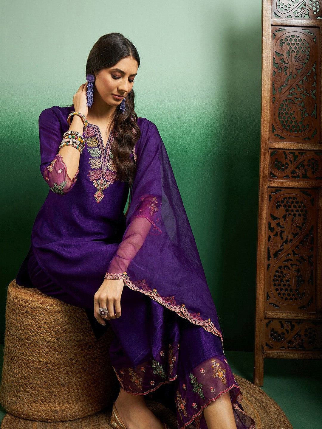 Purple Silk Blend Kurta Pant with Heavy Thread Embroidery Work