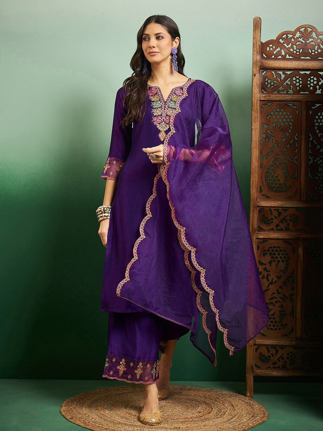 Purple Silk Blend Kurta Pant with Heavy Thread Embroidery Work