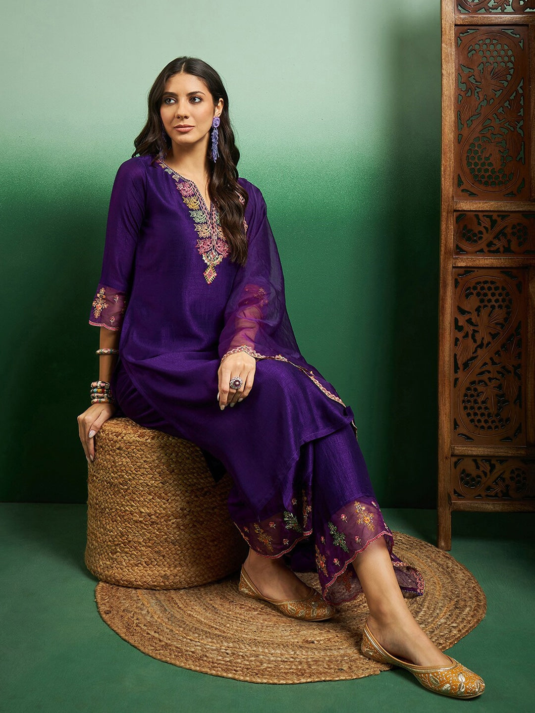 Purple Silk Blend Kurta Pant with Heavy Thread Embroidery Work