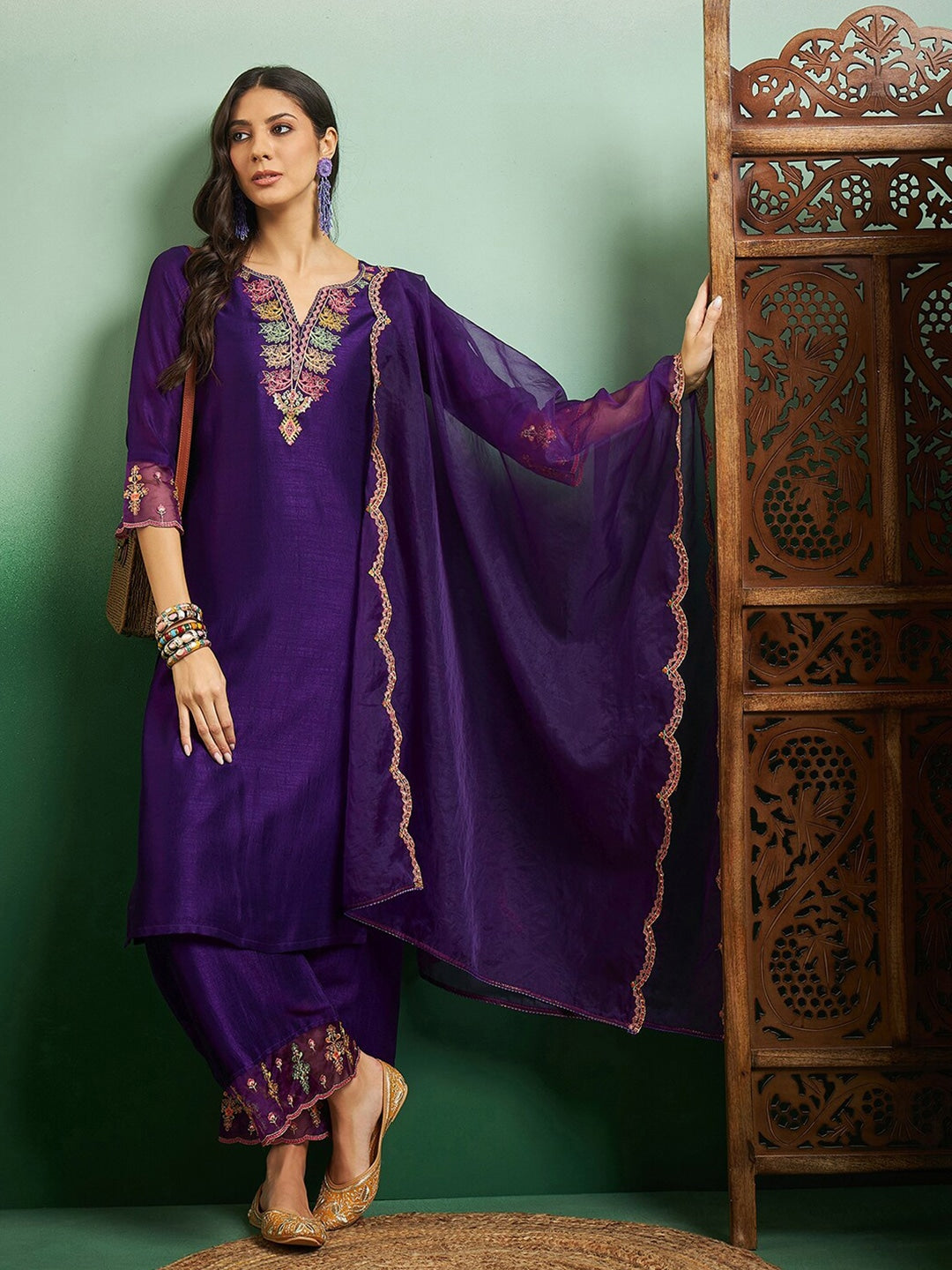 Purple Silk Blend Kurta Pant with Heavy Thread Embroidery Work