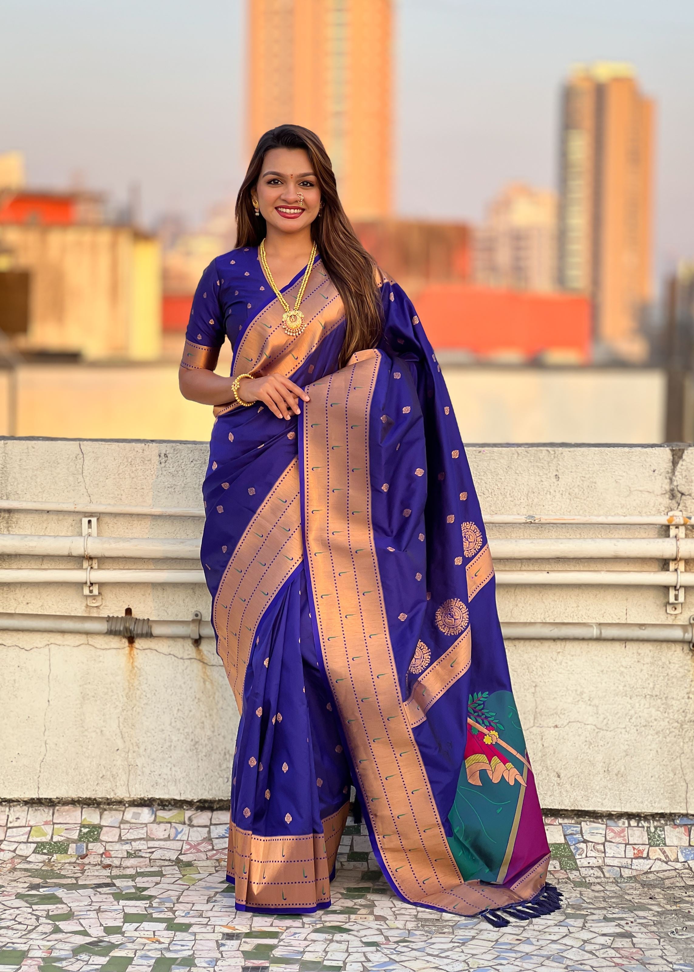 Purple Silk Blend Paithani Saree With Gudi Padwa Print