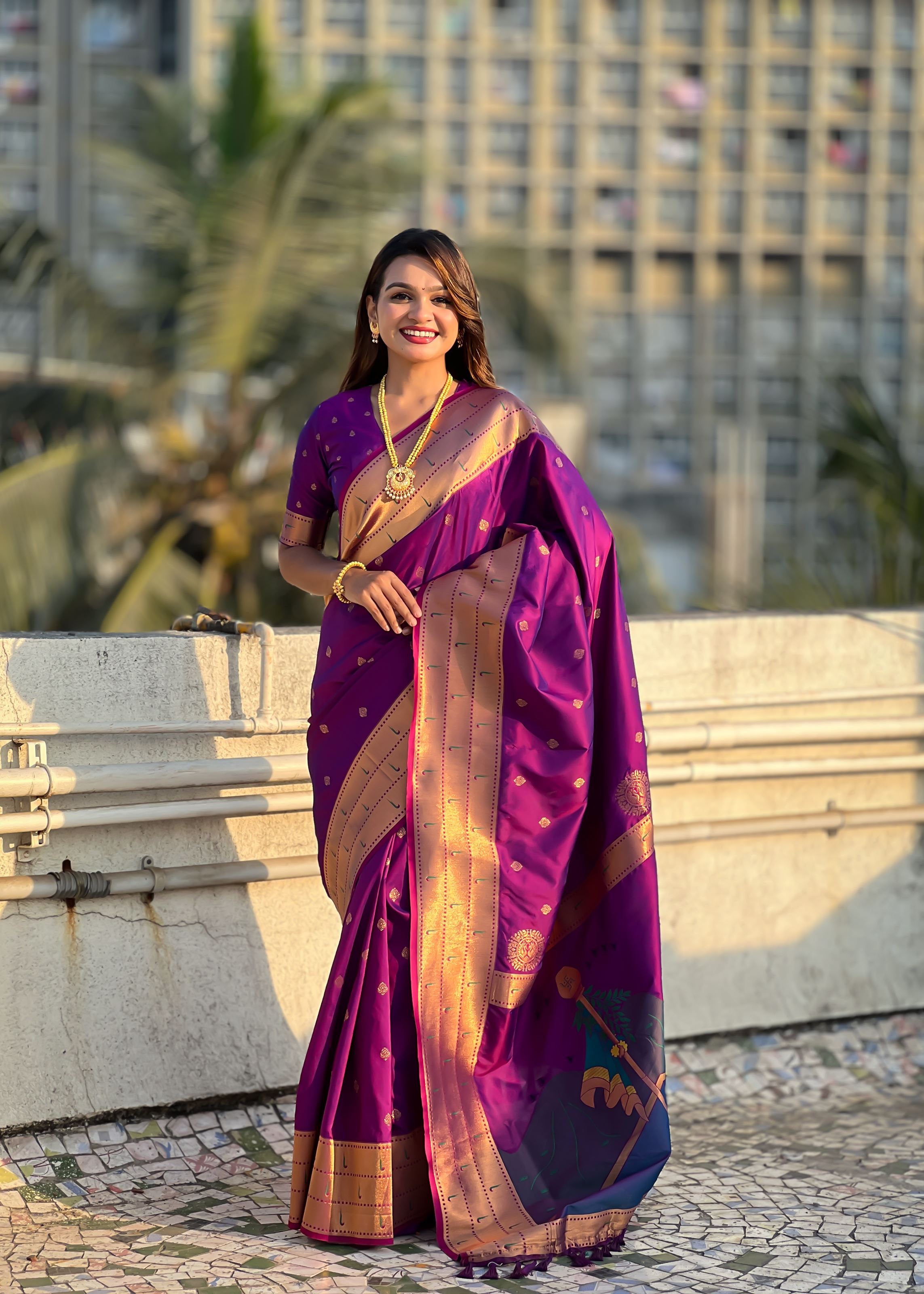 Purple Silk Blend Paithani Saree With Gudi Padwa Print