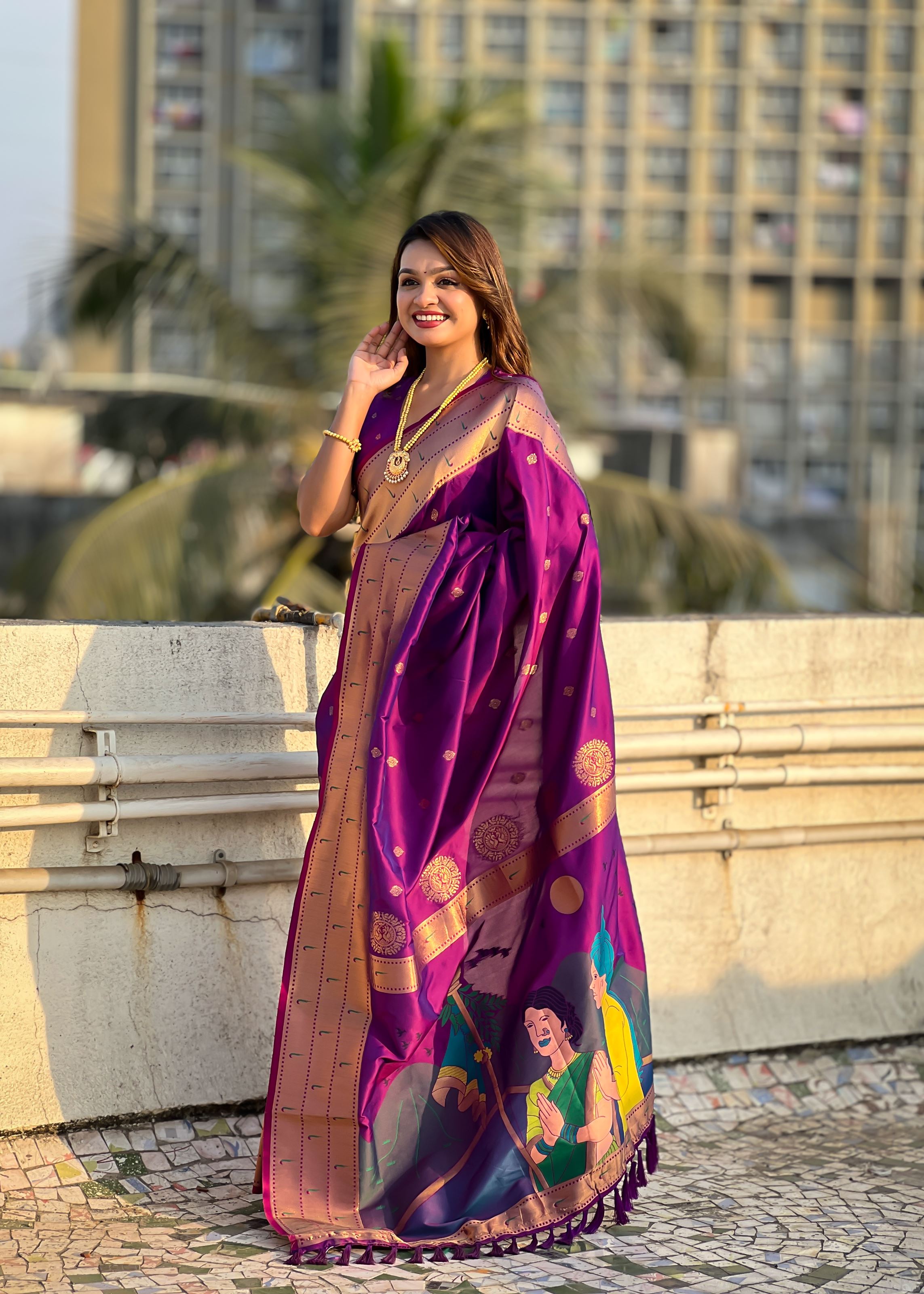 Purple Silk Blend Paithani Saree With Gudi Padwa Print