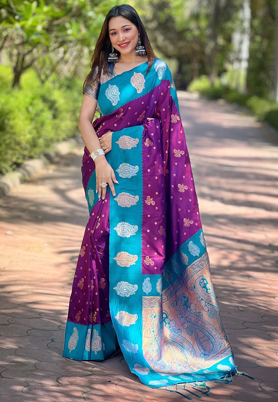 Purple Silk Blend Saree With Floral Border Zari Woven Work