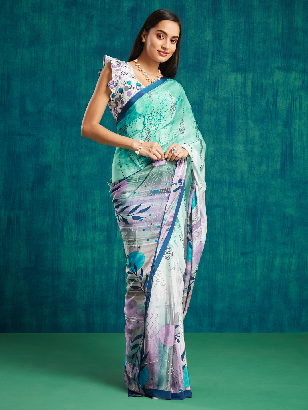 Purple Silk Crepe Designer Digital Printed Ready To Wear Saree