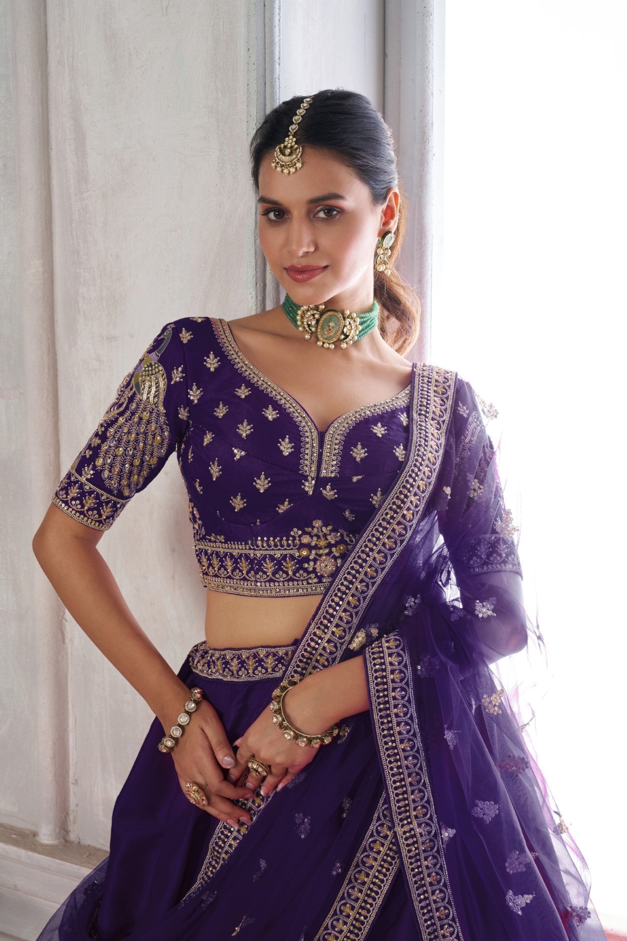 Purple Silk Peacock Motif Embroidered Wedding Lehenga Choli