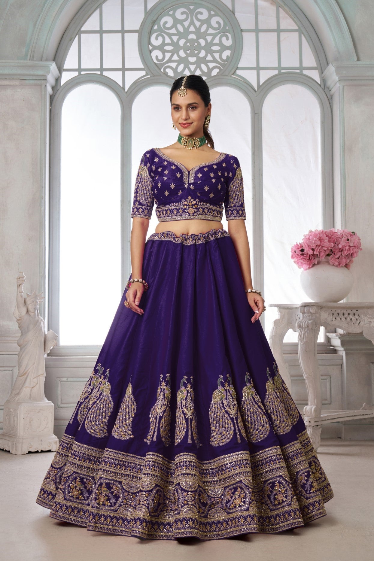 Purple Silk Peacock Motif Embroidered Wedding Lehenga Choli