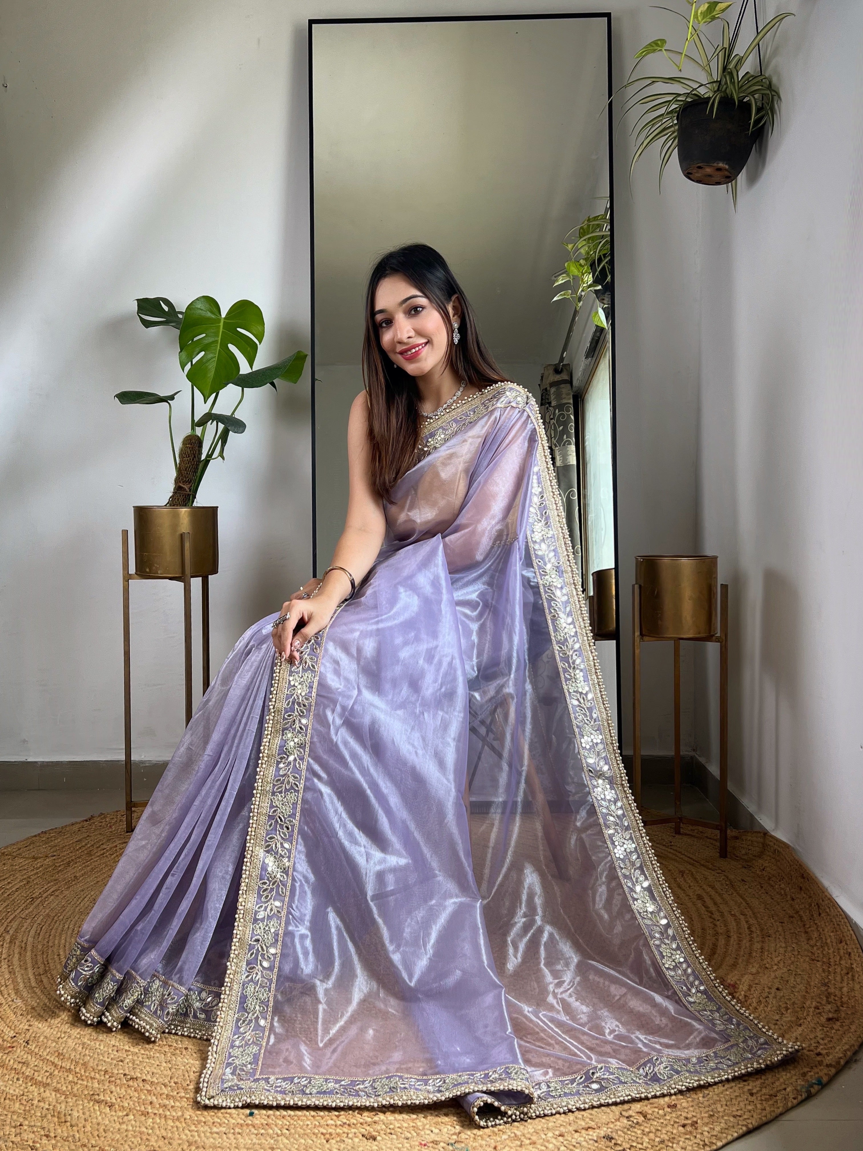 Purple Silver Tissue Silk Beautiful Sequins And Jari Embroidery Work Saree