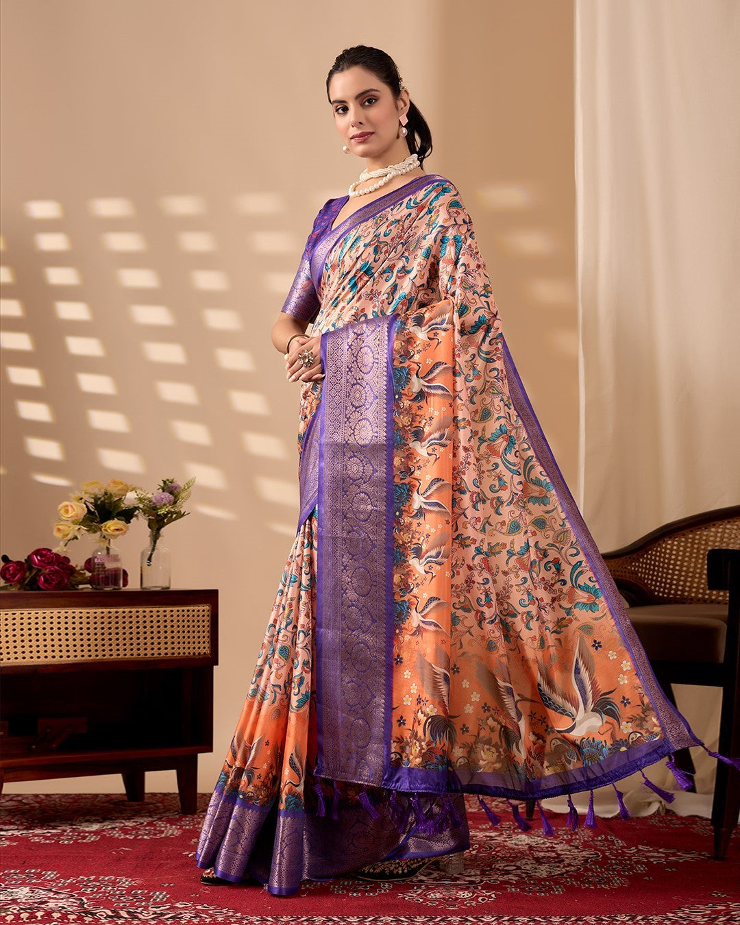 Purple Soft Lichi Silk Saree With Digital Printed Classic Designer Saree