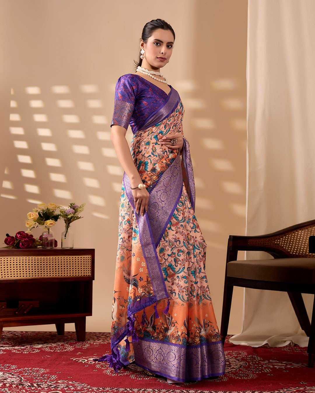 Purple Soft Lichi Silk Saree With Digital Printed Classic Designer Saree
