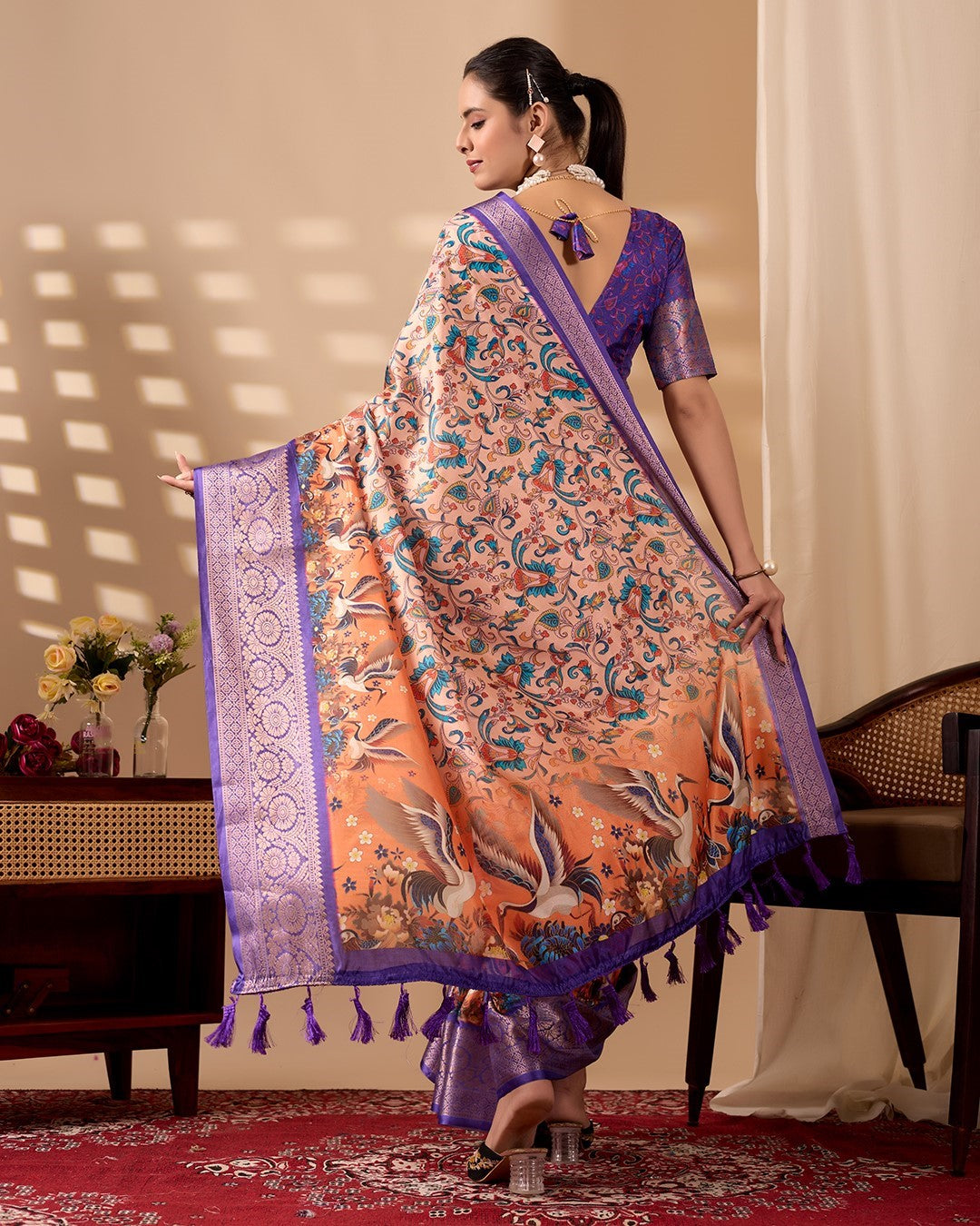 Purple Soft Lichi Silk Saree With Digital Printed Classic Designer Saree