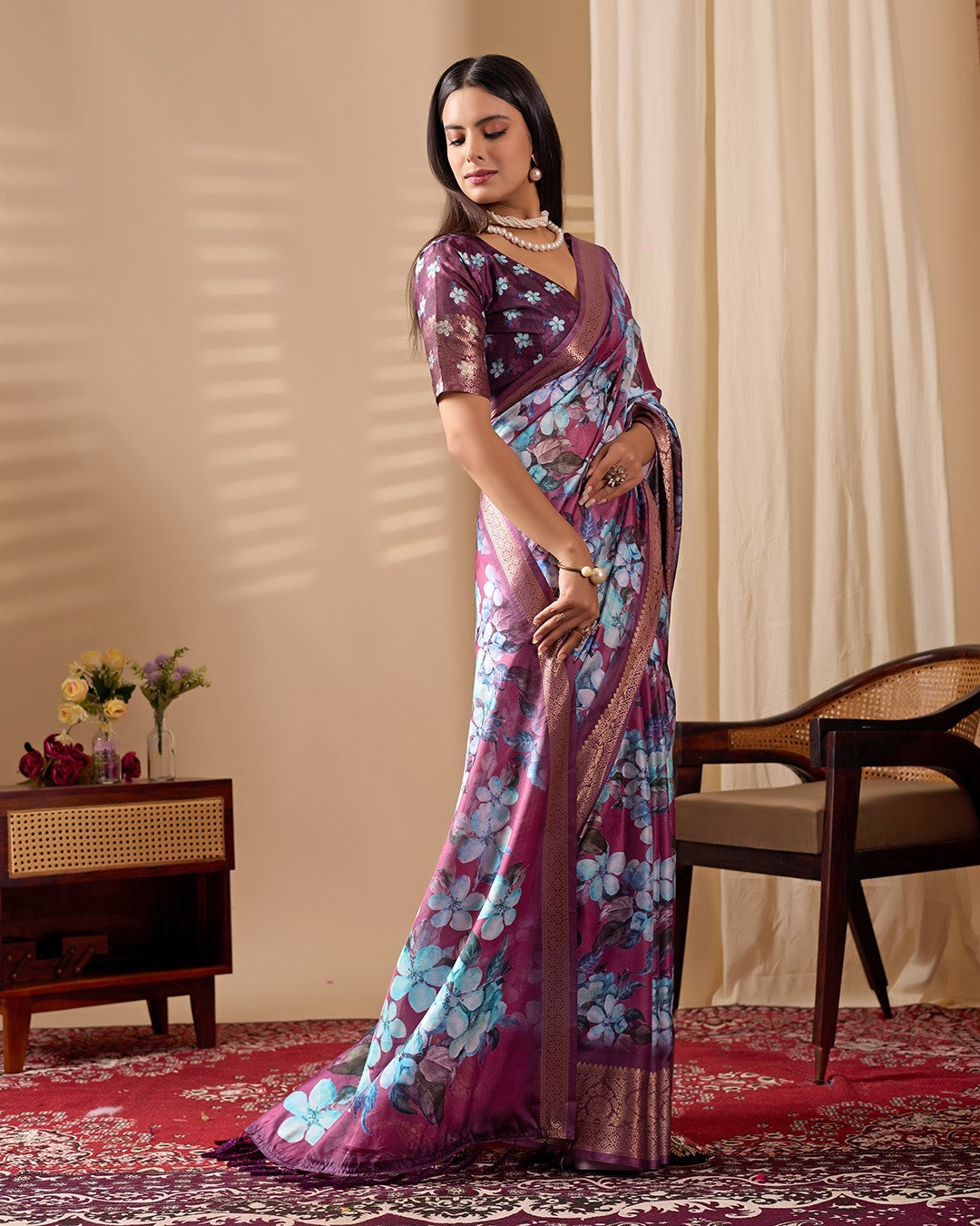 Purple Soft Lichi Silk Saree With Digital Printed Premium Festive Saree