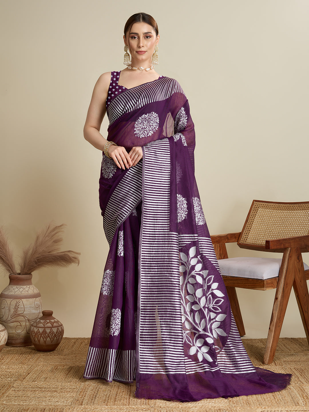 Purple Soft Silk Woven Flower Designer Stylish Partywear Saree